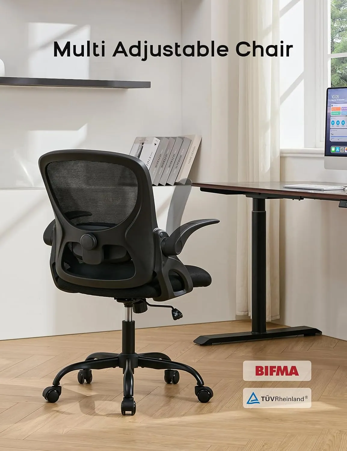 Home Office Chair, Ergonomic Mesh Desk Chair with Adjustable Lumbar Support, Flip-up Arm Rocking Swivel, Mid-Back Comfy Computer Chair (Black-Black)