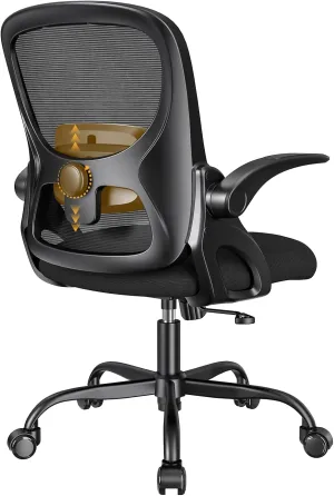 Home Office Chair, Ergonomic Mesh Desk Chair with Adjustable Lumbar Support, Flip-up Arm Rocking Swivel, Mid-Back Comfy Computer Chair (Black-Black)