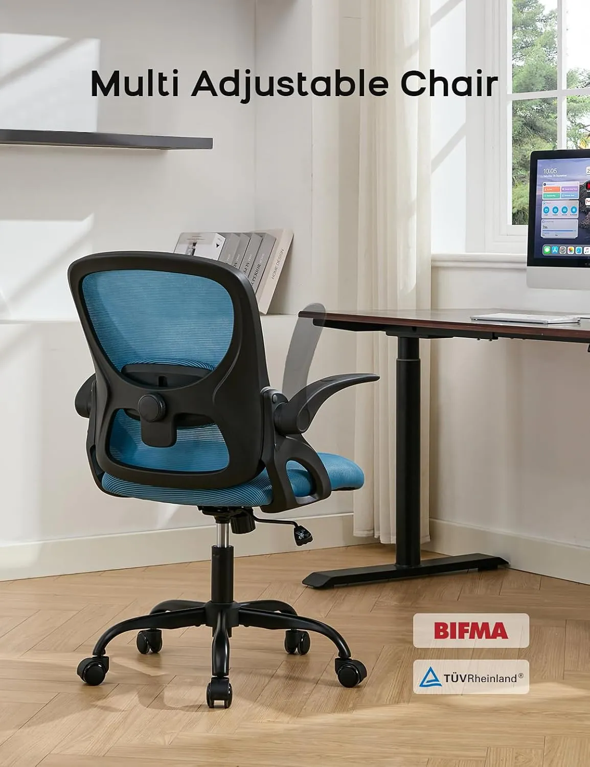 Home Office Chair, Ergonomic Mesh Desk Chair with Adjustable Lumbar Support, Flip-up Arm Rocking Swivel, Mid-Back Comfy Computer Chair (Black-Blue)