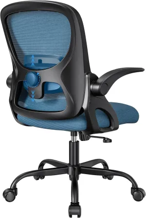 Home Office Chair, Ergonomic Mesh Desk Chair with Adjustable Lumbar Support, Flip-up Arm Rocking Swivel, Mid-Back Comfy Computer Chair (Black-Blue)