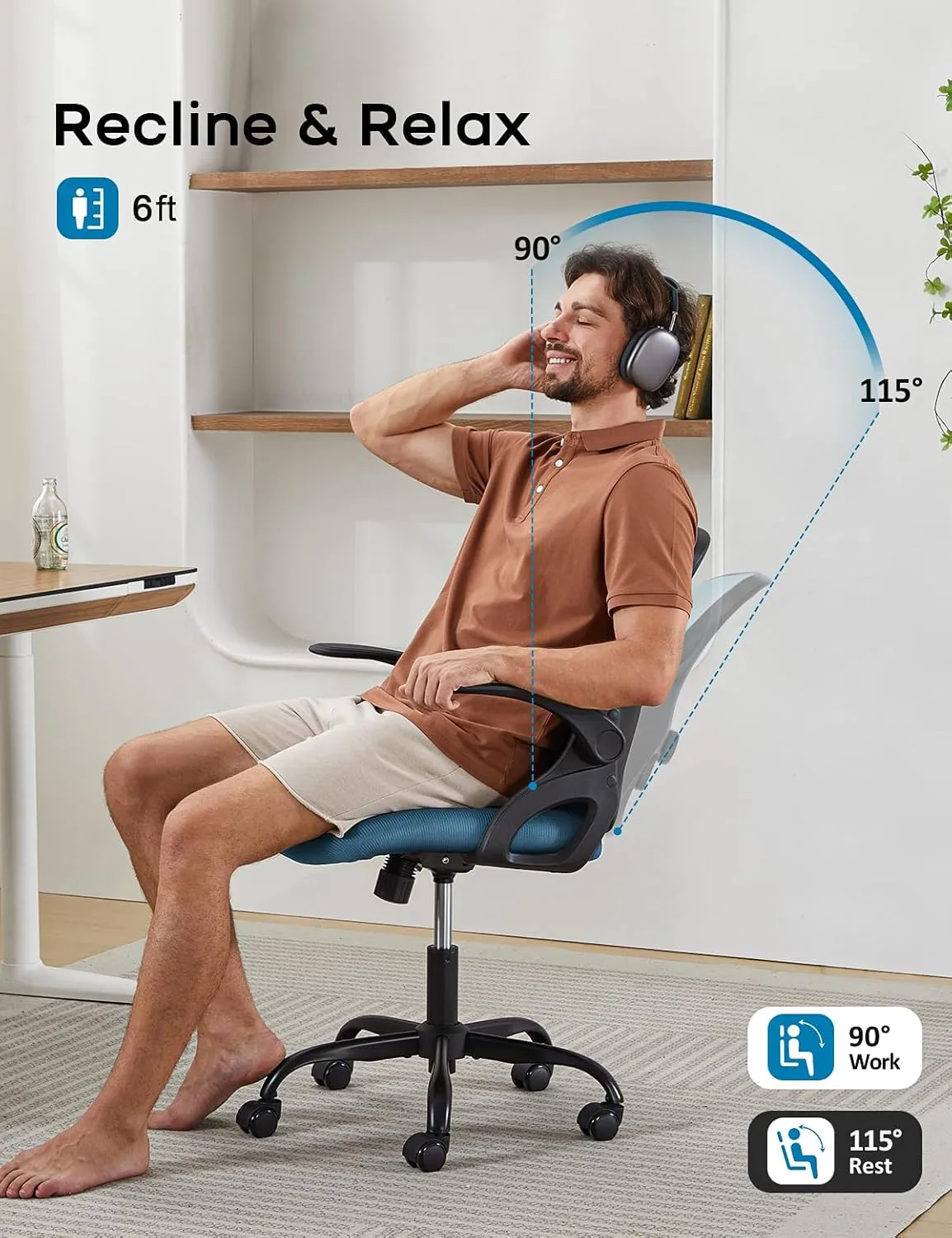 Home Office Chair, Ergonomic Mesh Desk Chair with Adjustable Lumbar Support, Flip-up Arm Rocking Swivel, Mid-Back Comfy Computer Chair (Black-Blue)