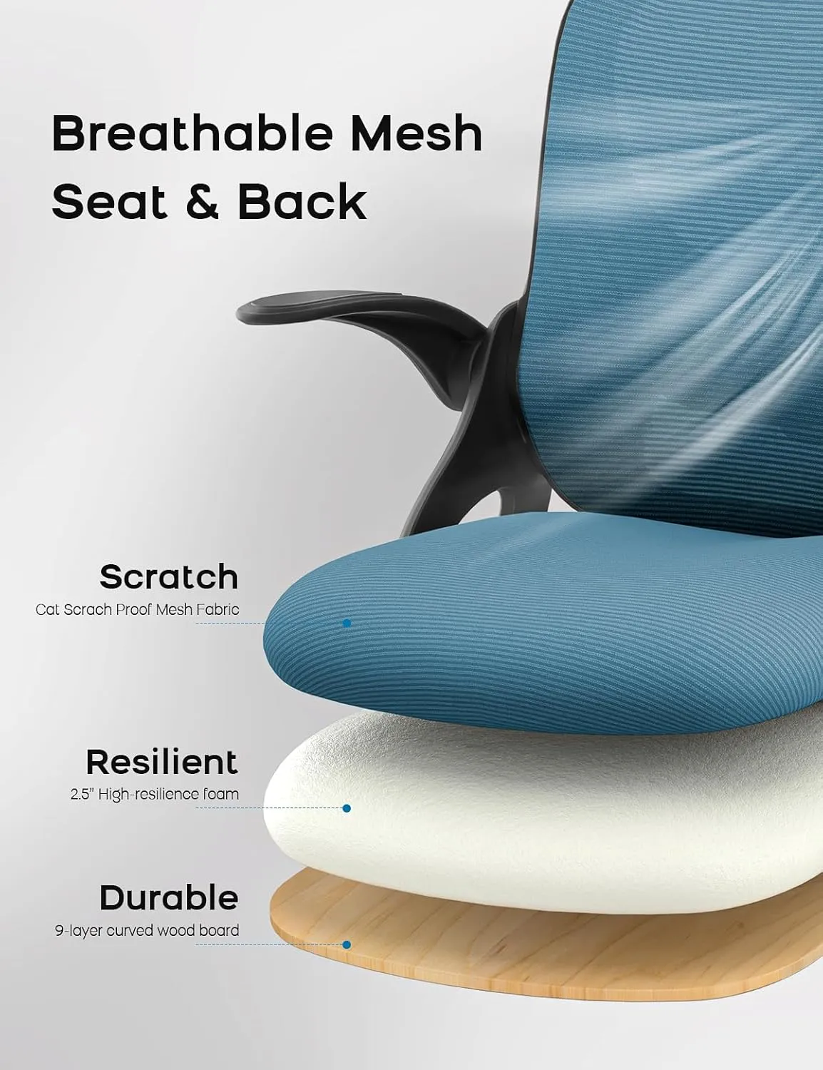 Home Office Chair, Ergonomic Mesh Desk Chair with Adjustable Lumbar Support, Flip-up Arm Rocking Swivel, Mid-Back Comfy Computer Chair (Black-Blue)