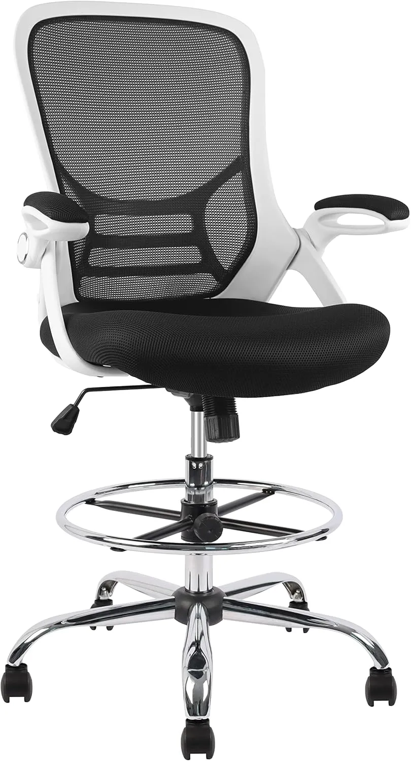 HYLONE Drafting Chair, Tall Office Chair Mesh Standing Desk Stool with Adjustable Foot Ring, Flip-Up Arms, White & Black