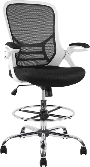 HYLONE Drafting Chair, Tall Office Chair Mesh Standing Desk Stool with Adjustable Foot Ring, Flip-Up Arms, White & Black
