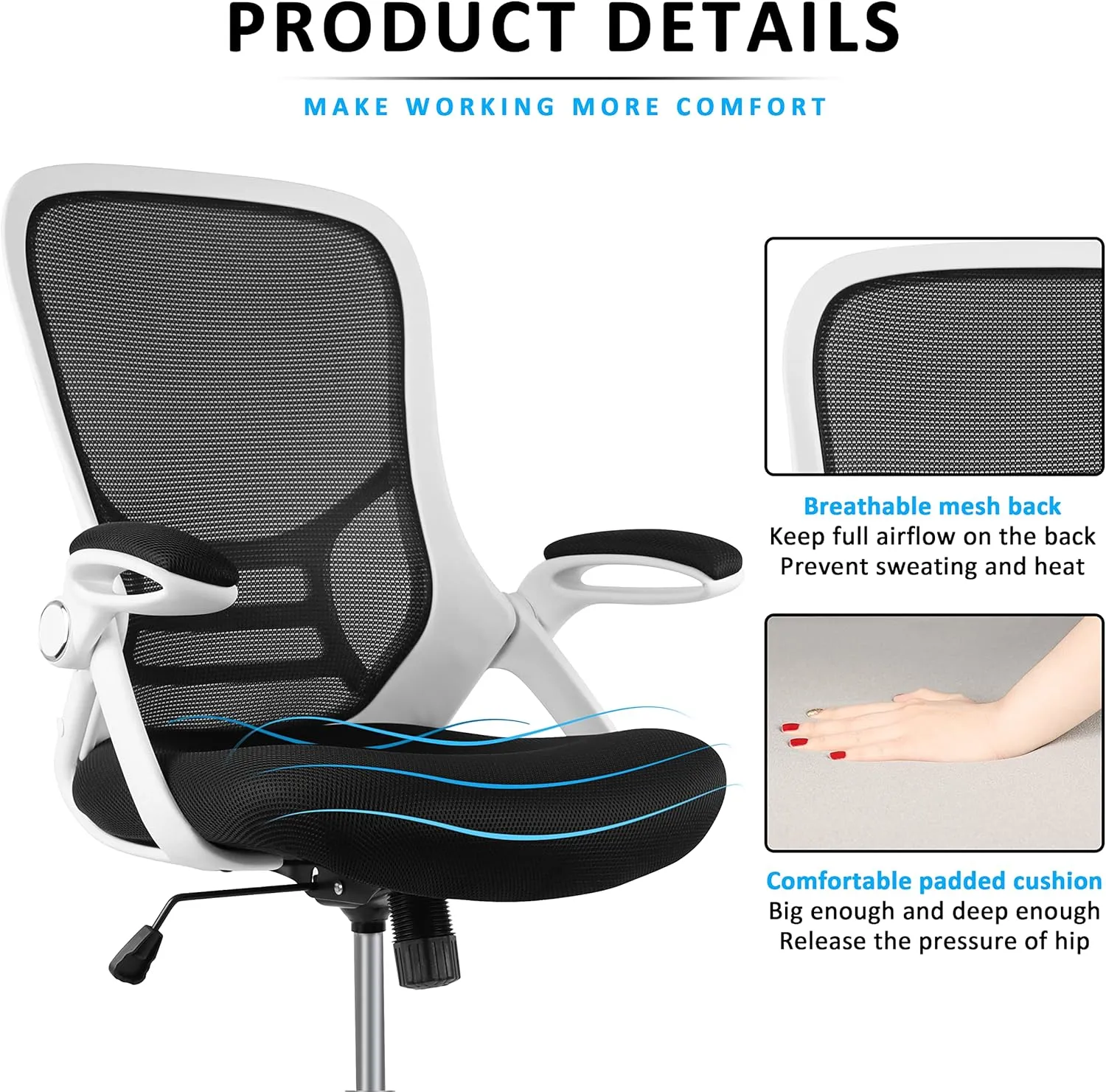 HYLONE Drafting Chair, Tall Office Chair Mesh Standing Desk Stool with Adjustable Foot Ring, Flip-Up Arms, White & Black