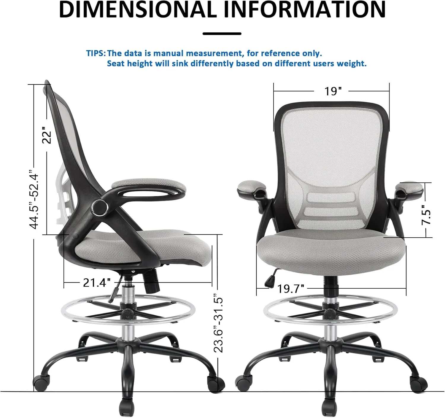 HYLONE Drafting Chair, Tall Office Chair Standing Desk Chair Grey Mesh High-Back Drafting Stool with Flip-Up Arms, Adjustable Foot Ring