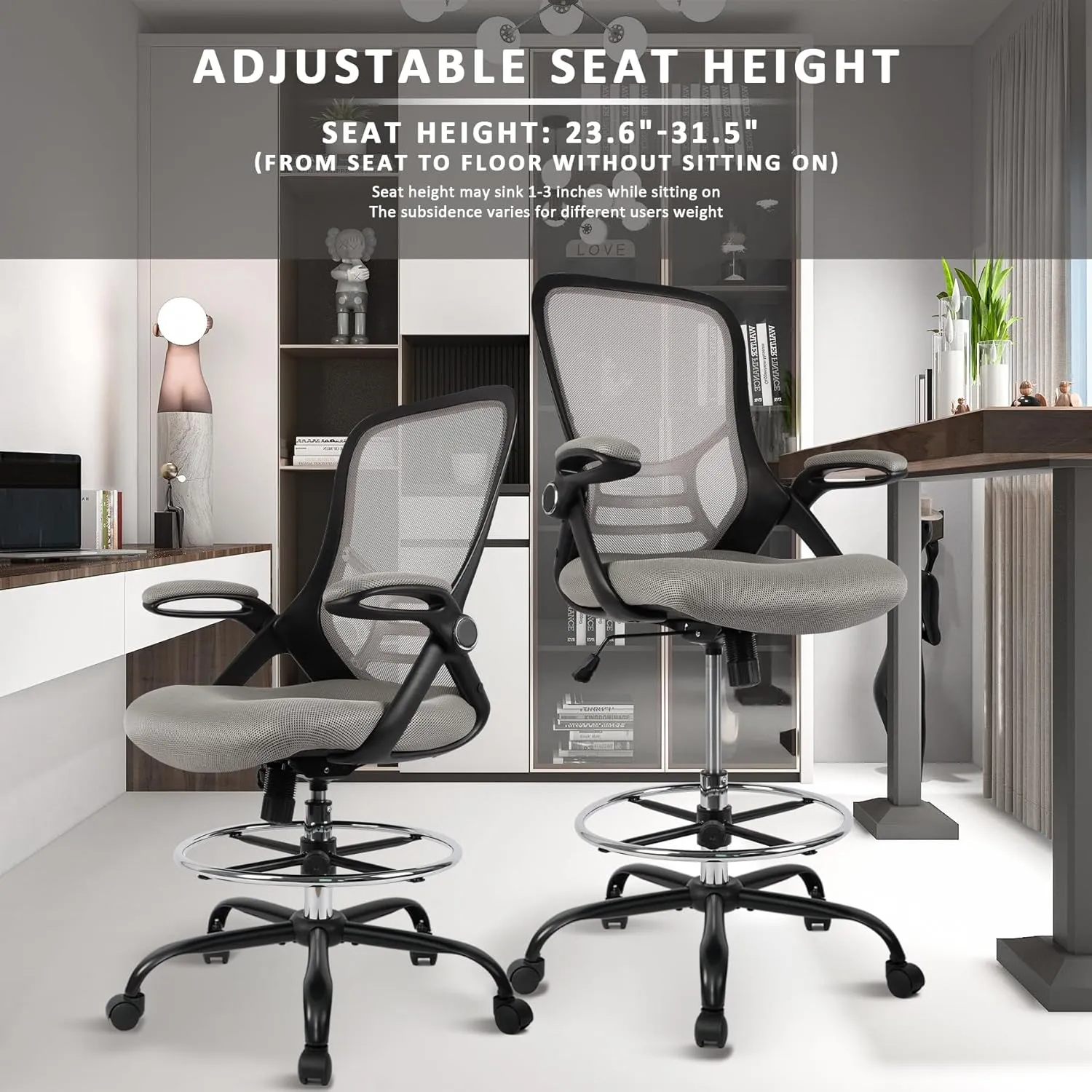 HYLONE Drafting Chair, Tall Office Chair Standing Desk Chair Grey Mesh High-Back Drafting Stool with Flip-Up Arms, Adjustable Foot Ring