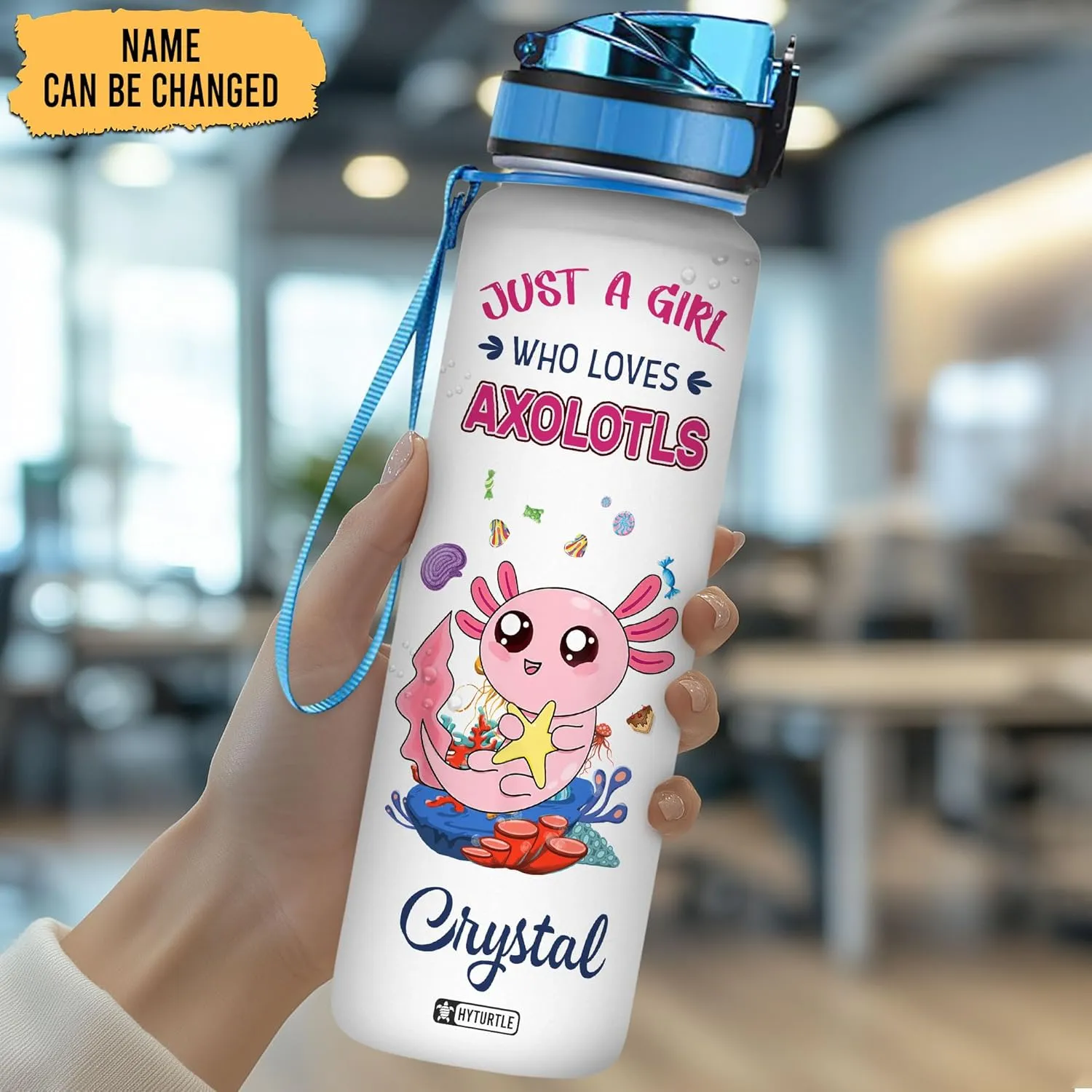 Hyturtle Personalized Axolotl Water Bottle - 32oz Motivational Water Bottle with Leak-Proof Lid & Time Marker - Custom Name Gift for Axolotl Lovers, Women, Girls, Boys On Birthday Christmas