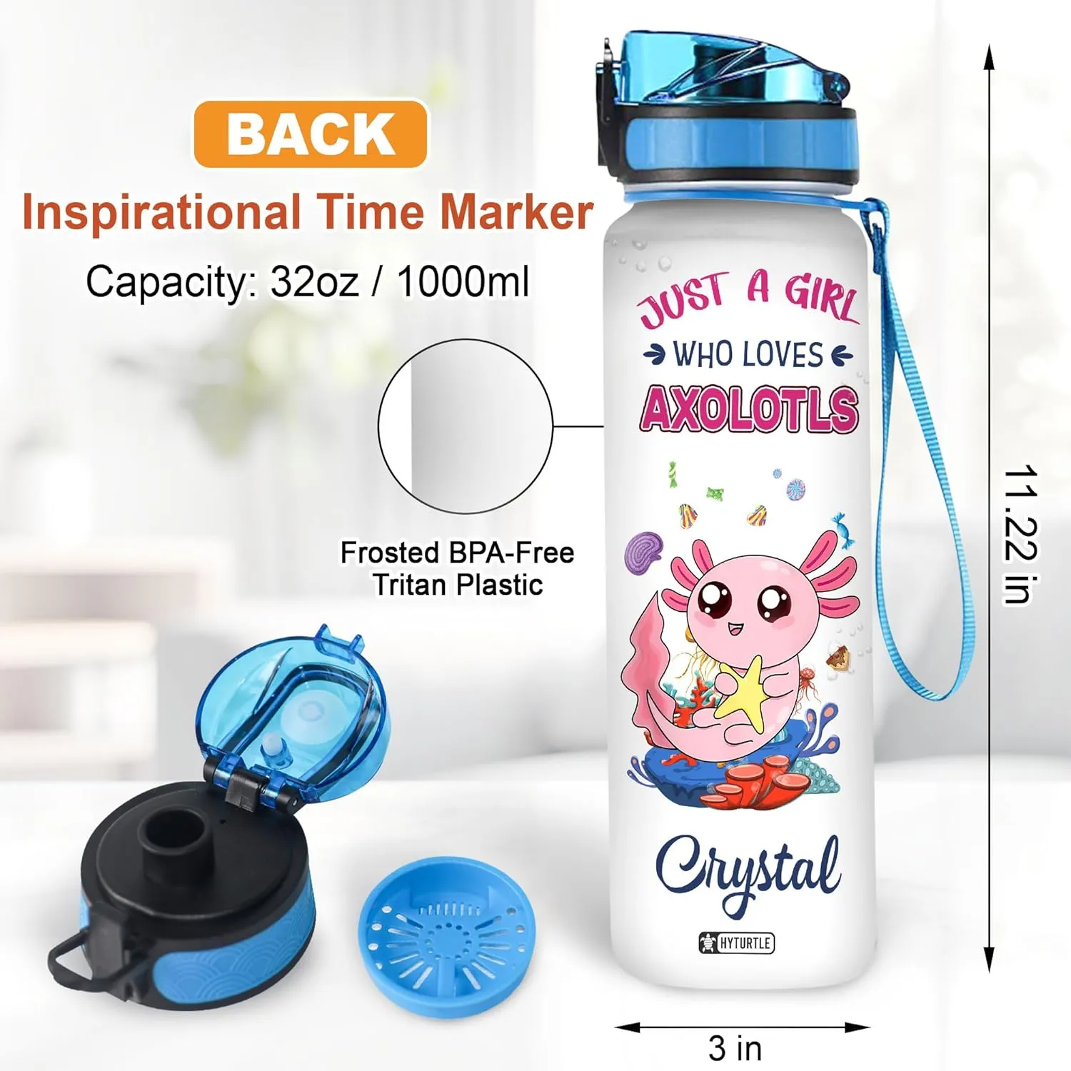 Hyturtle Personalized Axolotl Water Bottle - 32oz Motivational Water Bottle with Leak-Proof Lid & Time Marker - Custom Name Gift for Axolotl Lovers, Women, Girls, Boys On Birthday Christmas