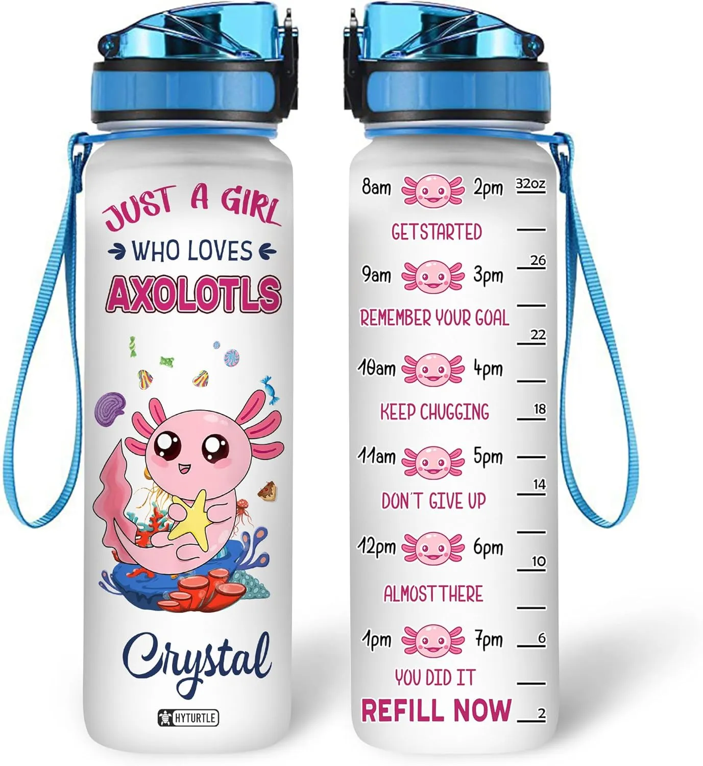 Hyturtle Personalized Axolotl Water Bottle - 32oz Motivational Water Bottle with Leak-Proof Lid & Time Marker - Custom Name Gift for Axolotl Lovers, Women, Girls, Boys On Birthday Christmas