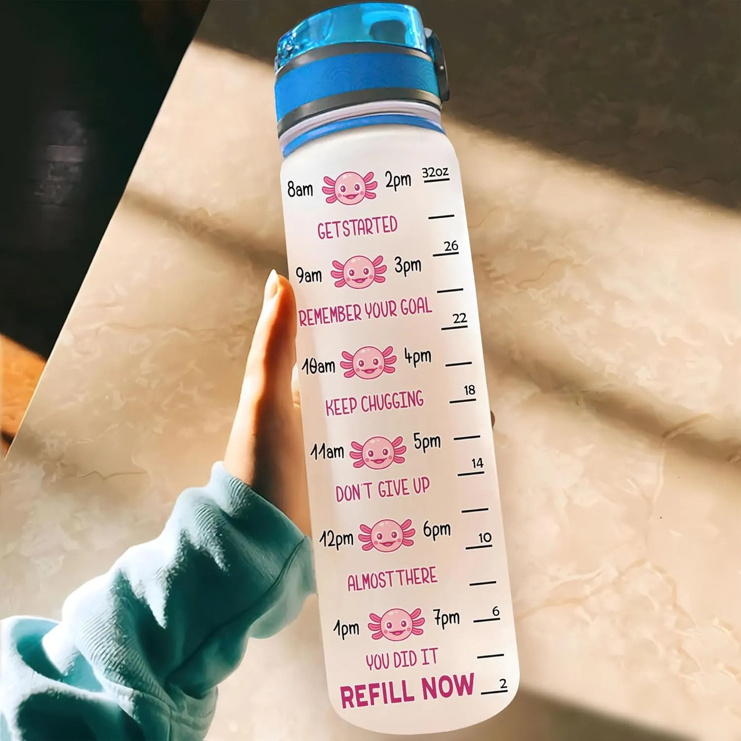 Hyturtle Personalized Axolotl Water Bottle - 32oz Motivational Water Bottle with Leak-Proof Lid & Time Marker - Custom Name Gift for Axolotl Lovers, Women, Girls, Boys On Birthday Christmas