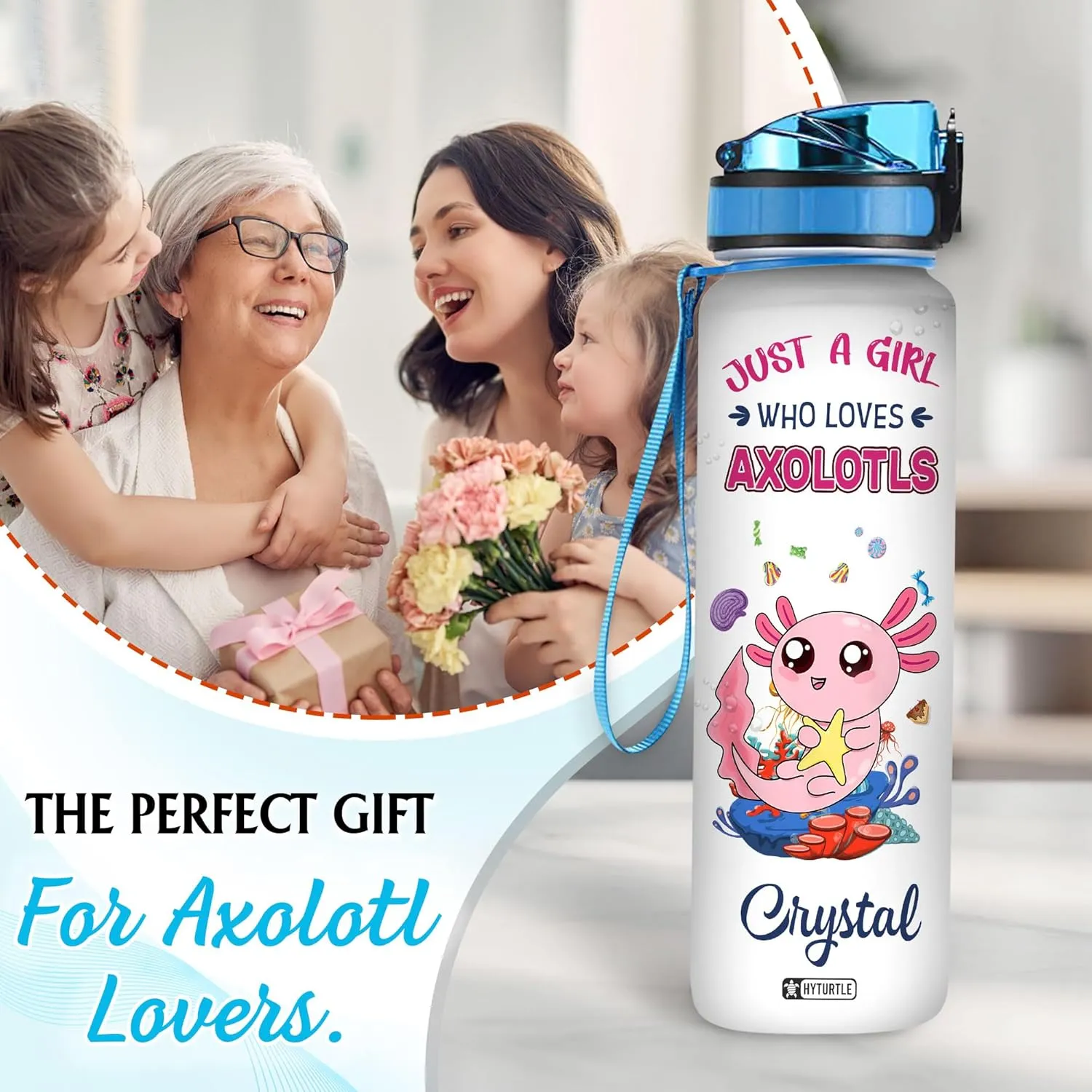 Hyturtle Personalized Axolotl Water Bottle - 32oz Motivational Water Bottle with Leak-Proof Lid & Time Marker - Custom Name Gift for Axolotl Lovers, Women, Girls, Boys On Birthday Christmas
