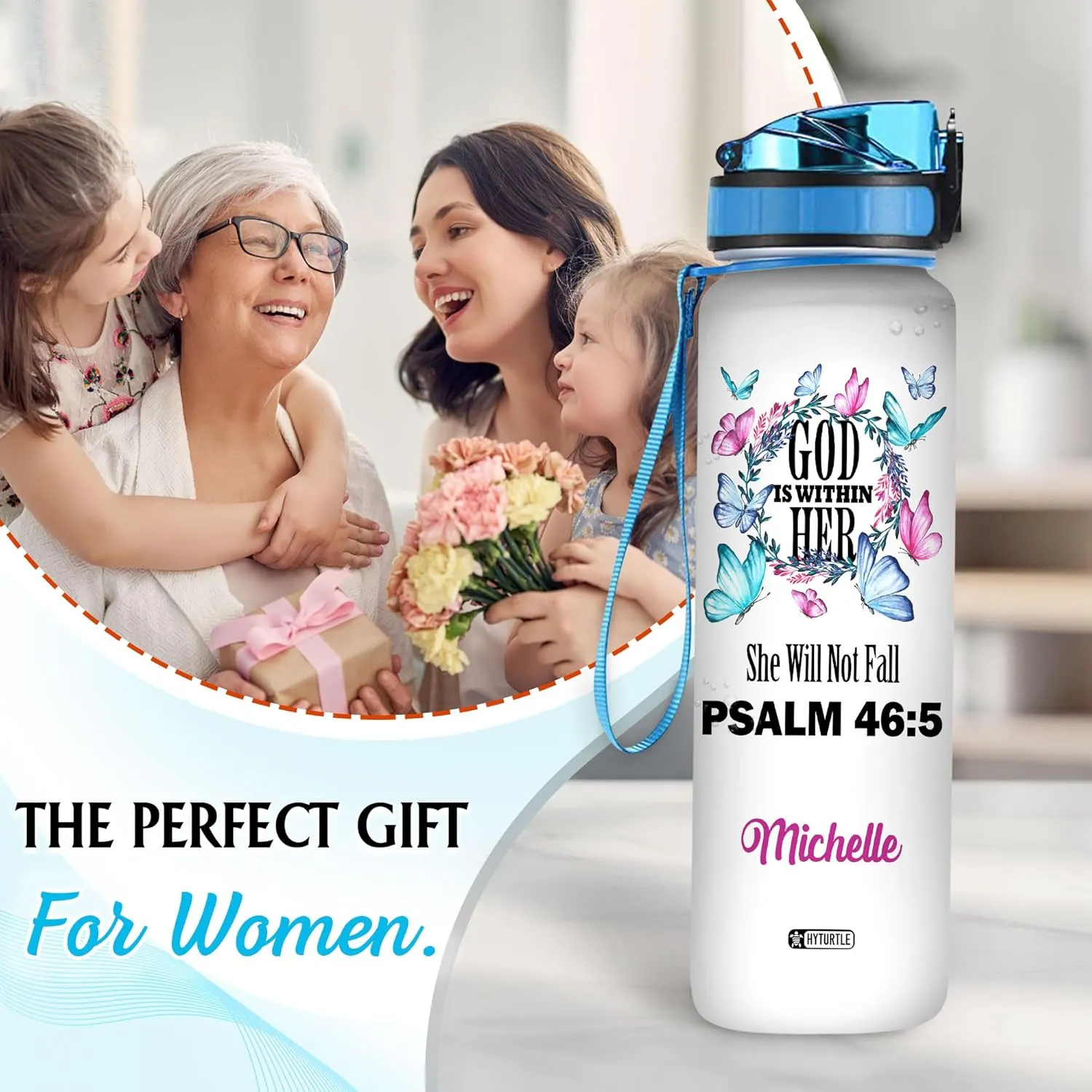 Hyturtle Personalized Christian Water Bottle - 32oz Motivational Water Bottle with Leak-Proof Lid Time Marker - Custom Name Gift for Butterfly Butterfly Lovers Women Girls On Birthday Christmas