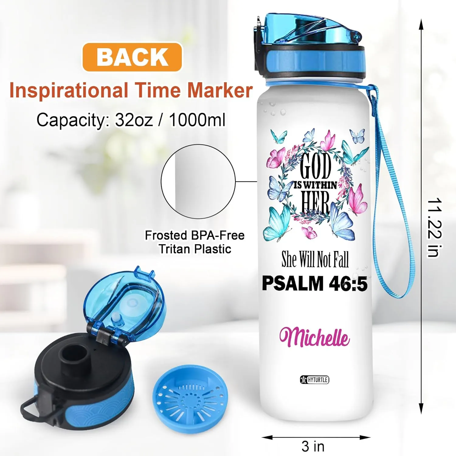 Hyturtle Personalized Christian Water Bottle - 32oz Motivational Water Bottle with Leak-Proof Lid Time Marker - Custom Name Gift for Butterfly Butterfly Lovers Women Girls On Birthday Christmas