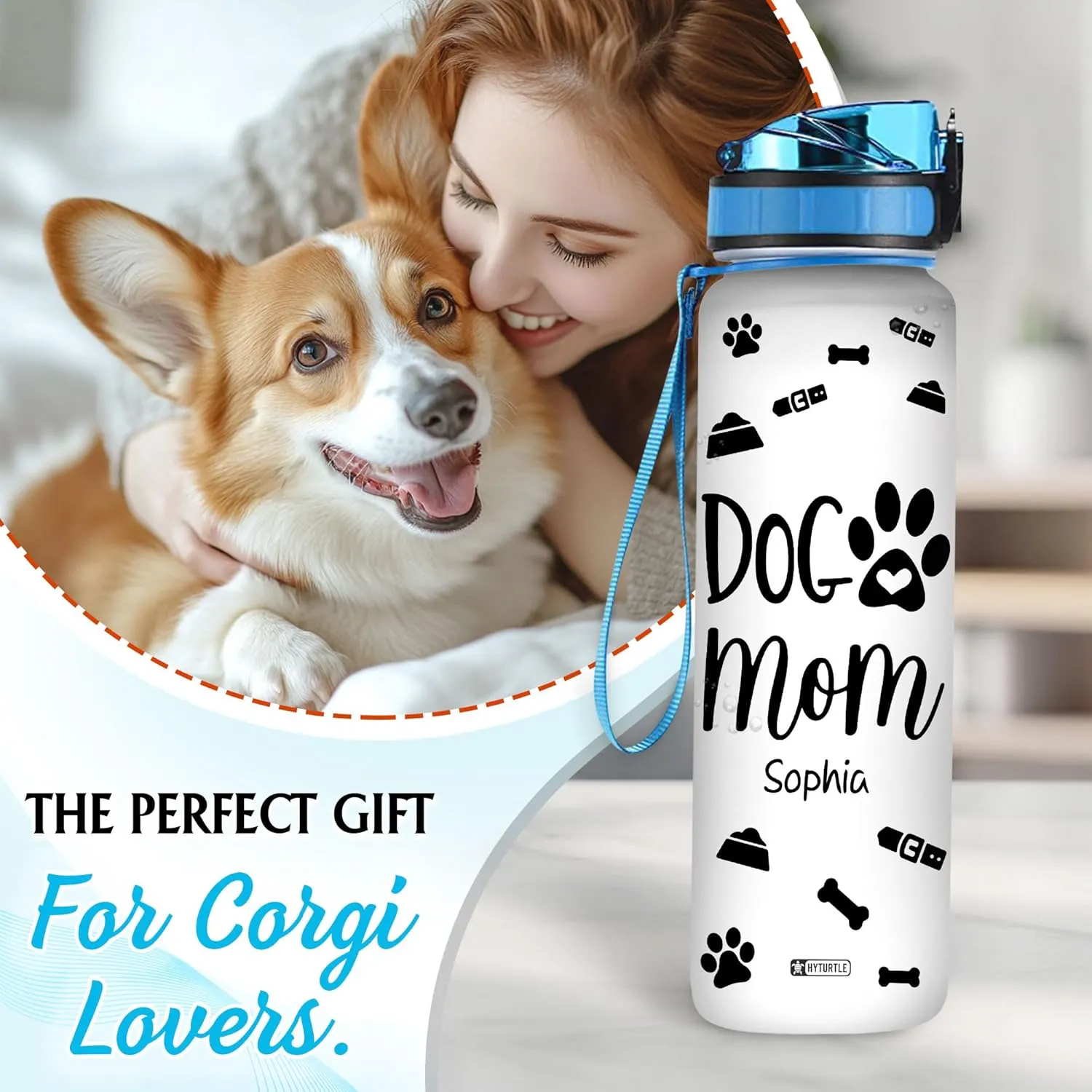 Hyturtle Personalized Dog Mom Water Bottle - 32oz Motivational Water Bottle with Leak-Proof Lid Time Marker - Custom Name Dog Lover Gift for Women Daughter On Birthday Mothers Day Christmas Gift