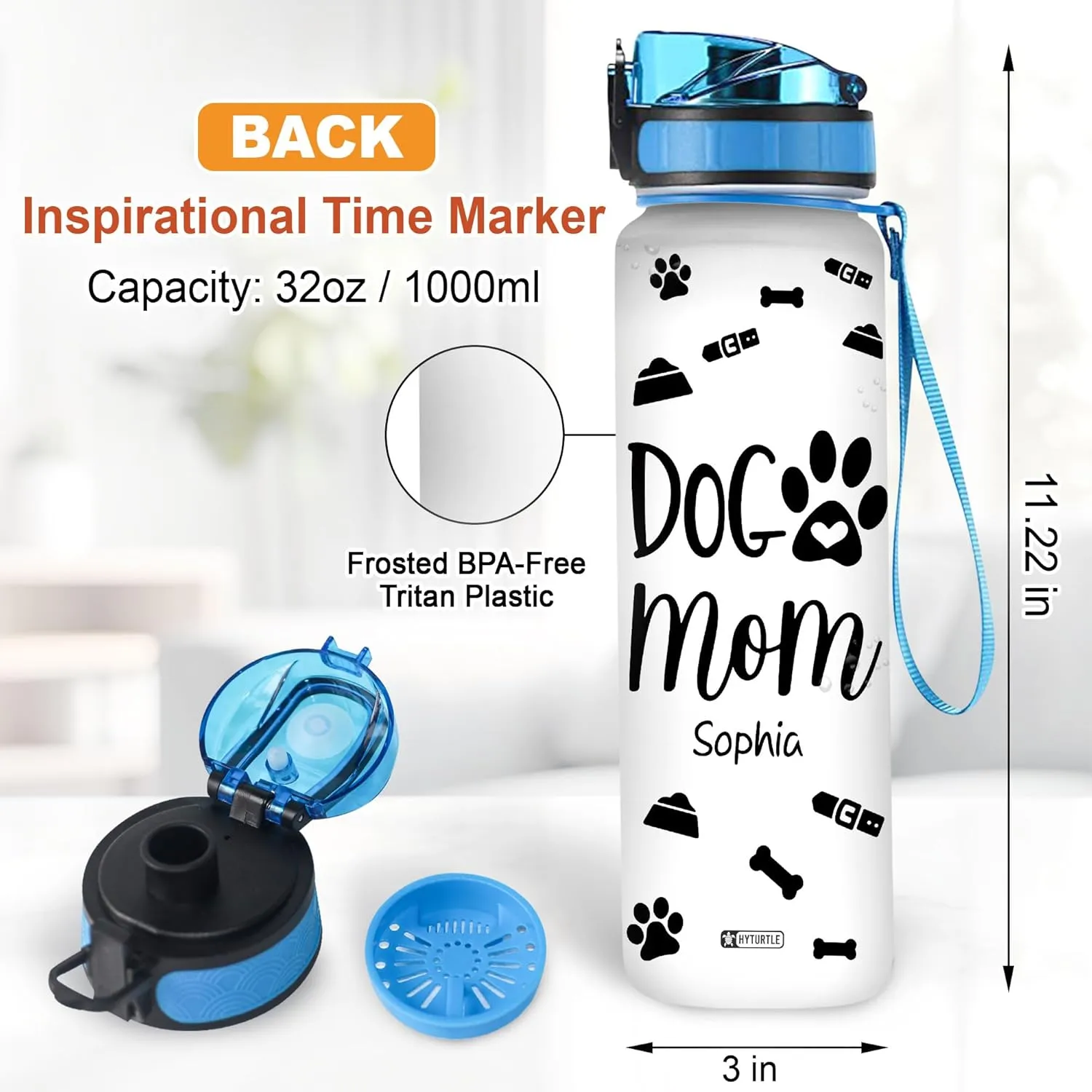 Hyturtle Personalized Dog Mom Water Bottle - 32oz Motivational Water Bottle with Leak-Proof Lid Time Marker - Custom Name Dog Lover Gift for Women Daughter On Birthday Mothers Day Christmas Gift
