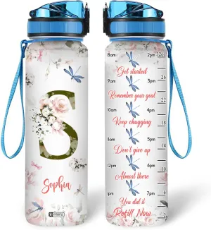 Hyturtle Personalized Dragonfly Water Bottle - 32oz Motivational Water Bottle with Leak-Proof Lid, Time Marker - Custom Name Gift With Initial For Women, Dragonfly Lovers On Birthday Christmas