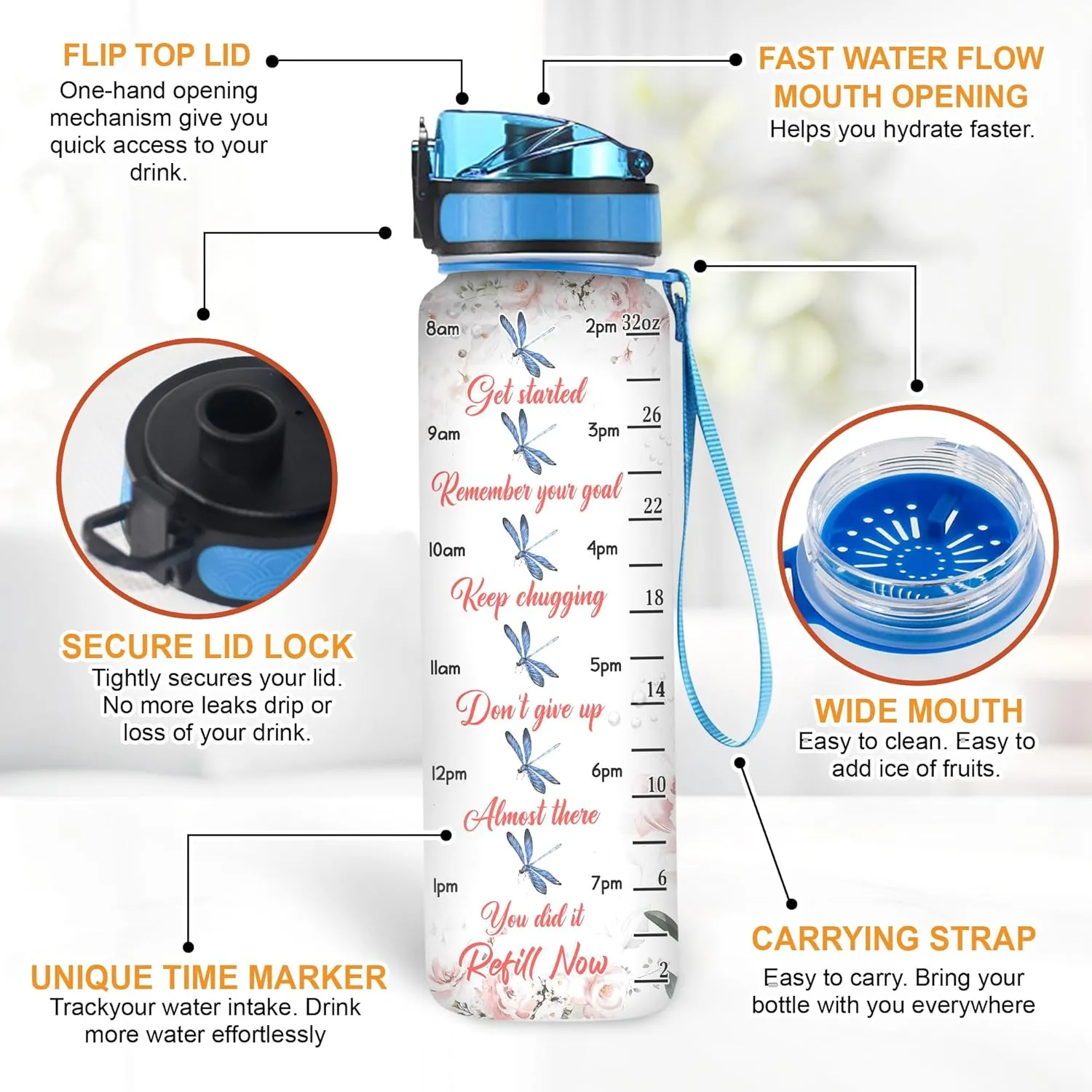 Hyturtle Personalized Dragonfly Water Bottle - 32oz Motivational Water Bottle with Leak-Proof Lid, Time Marker - Custom Name Gift With Initial For Women, Dragonfly Lovers On Birthday Christmas