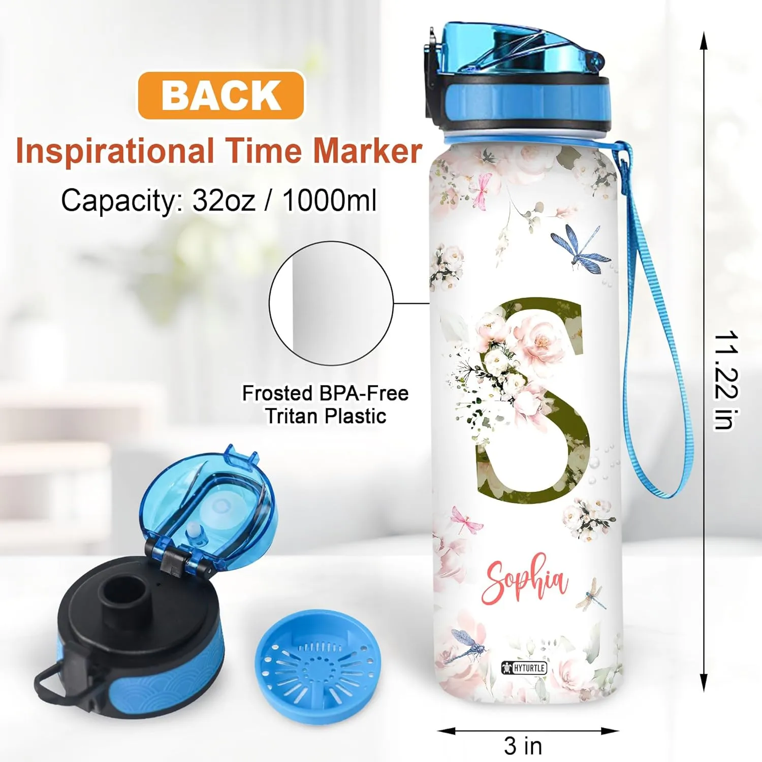 Hyturtle Personalized Dragonfly Water Bottle - 32oz Motivational Water Bottle with Leak-Proof Lid, Time Marker - Custom Name Gift With Initial For Women, Dragonfly Lovers On Birthday Christmas