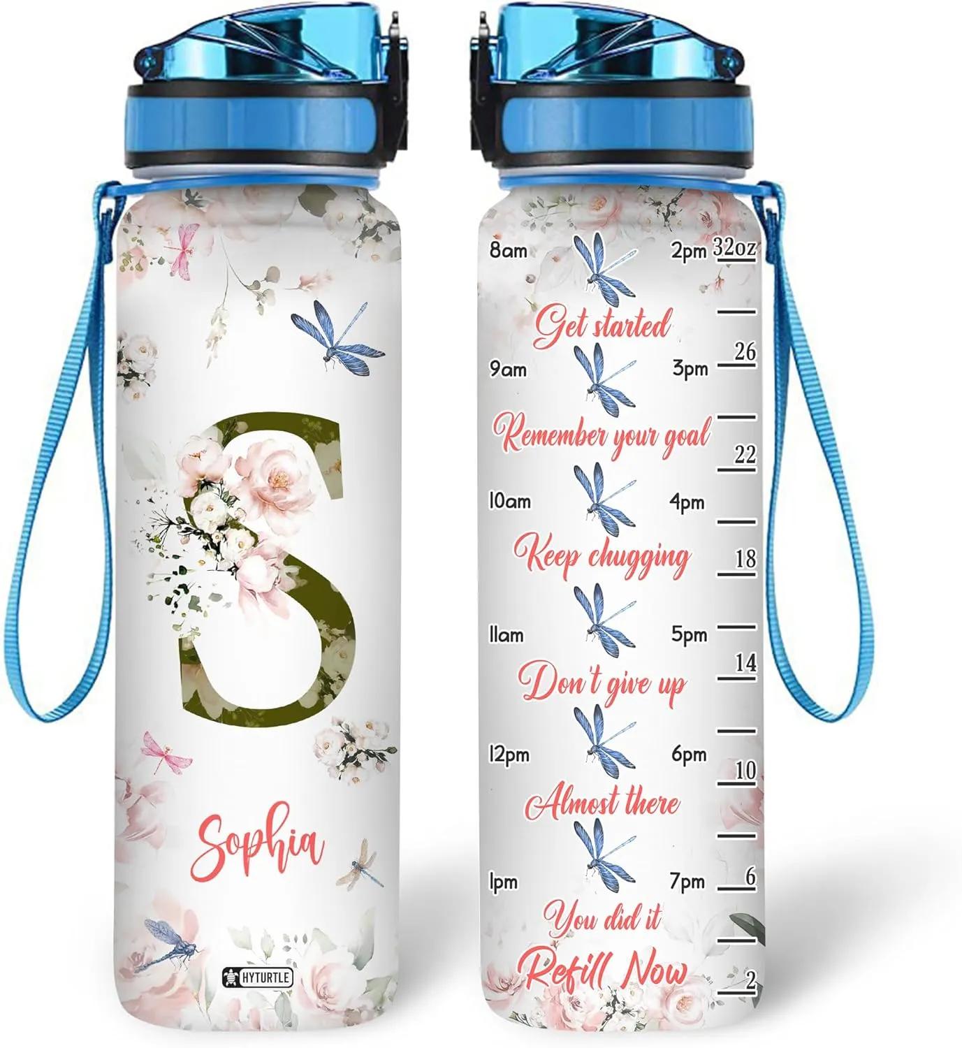Hyturtle Personalized Dragonfly Water Bottle - 32oz Motivational Water Bottle with Leak-Proof Lid, Time Marker - Custom Name Gift With Initial For Women, Dragonfly Lovers On Birthday Christmas