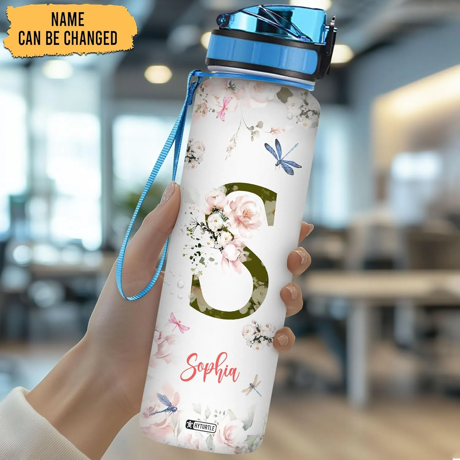 Hyturtle Personalized Dragonfly Water Bottle - 32oz Motivational Water Bottle with Leak-Proof Lid, Time Marker - Custom Name Gift With Initial For Women, Dragonfly Lovers On Birthday Christmas