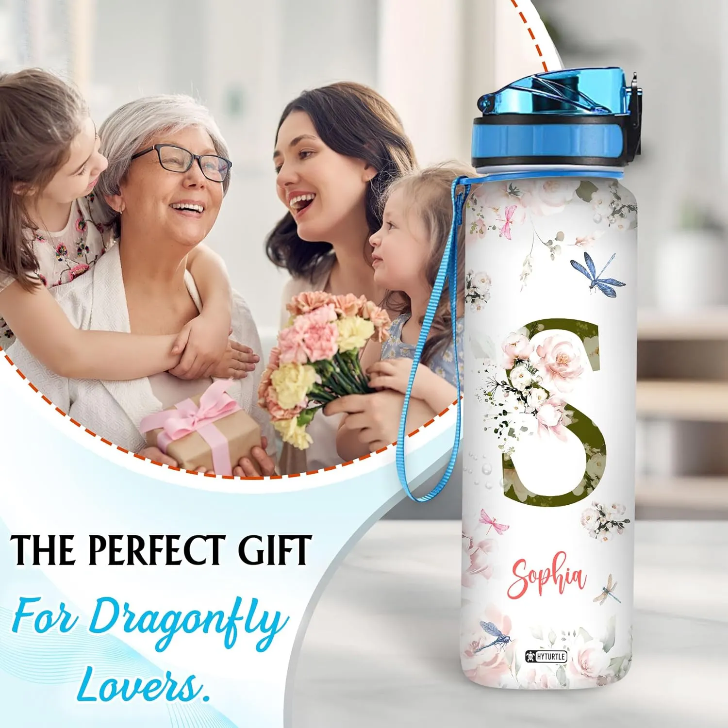 Hyturtle Personalized Dragonfly Water Bottle - 32oz Motivational Water Bottle with Leak-Proof Lid, Time Marker - Custom Name Gift With Initial For Women, Dragonfly Lovers On Birthday Christmas
