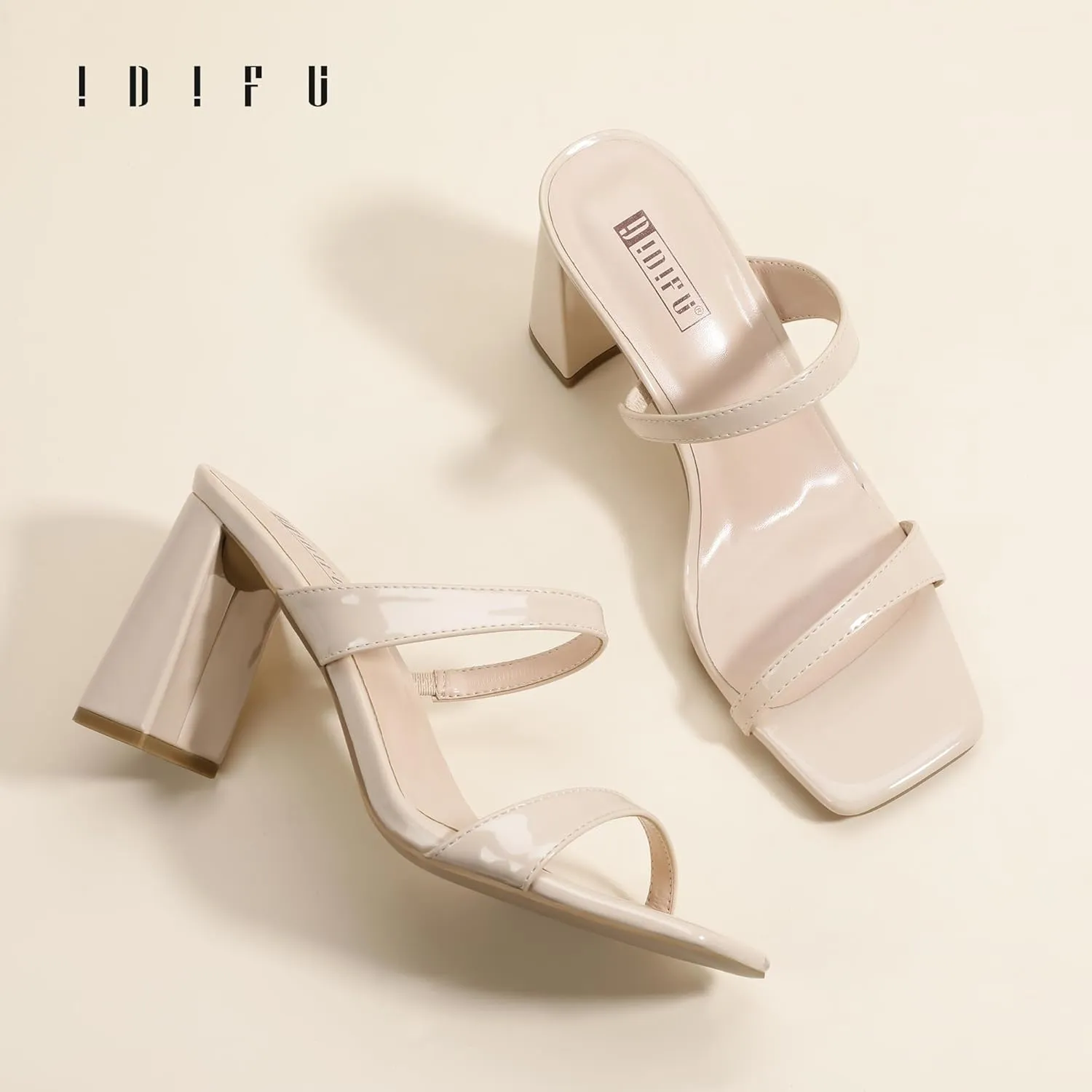 IDIFU IN3 Chunky Block Heels for Women Square Open Toe Heels Comfortable Sexy Summer Cute Trendy Slides Heeled Sandals Prom Wedding Party Dress Shoes for Women Two Strap Slip On Mules Low Short Heels