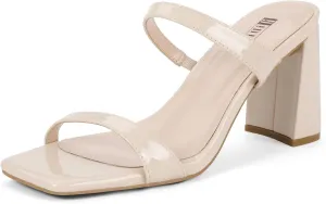 IDIFU IN3 Chunky Block Heels for Women Square Open Toe Heels Comfortable Sexy Summer Cute Trendy Slides Heeled Sandals Prom Wedding Party Dress Shoes for Women Two Strap Slip On Mules Low Short Heels