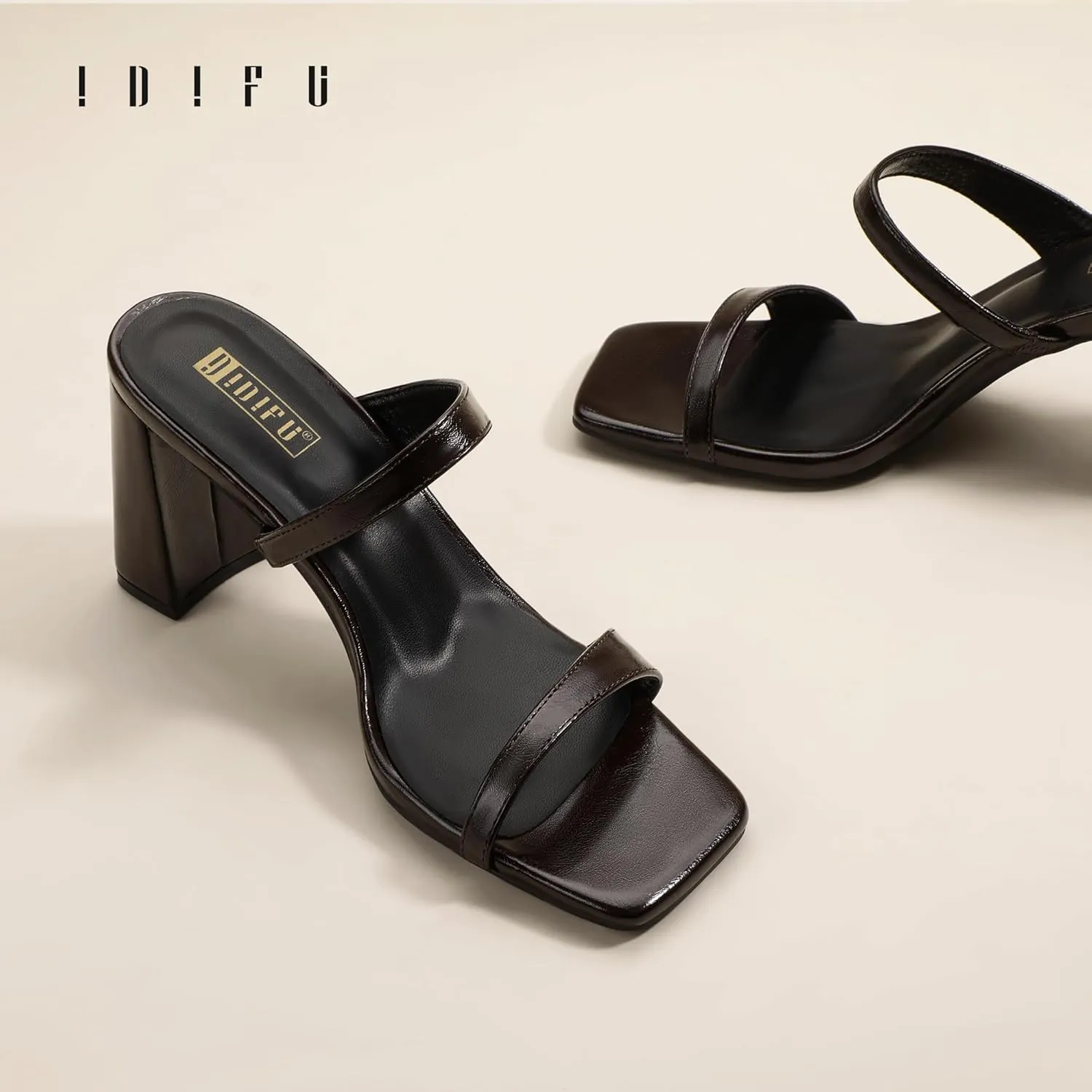 IDIFU IN3 Chunky Block Heels for Women Square Open Toe Heels Comfortable Sexy Summer Cute Trendy Slides Heeled Sandals Prom Wedding Party Dress Shoes for Women Two Strap Slip On Mules Low Short Heels