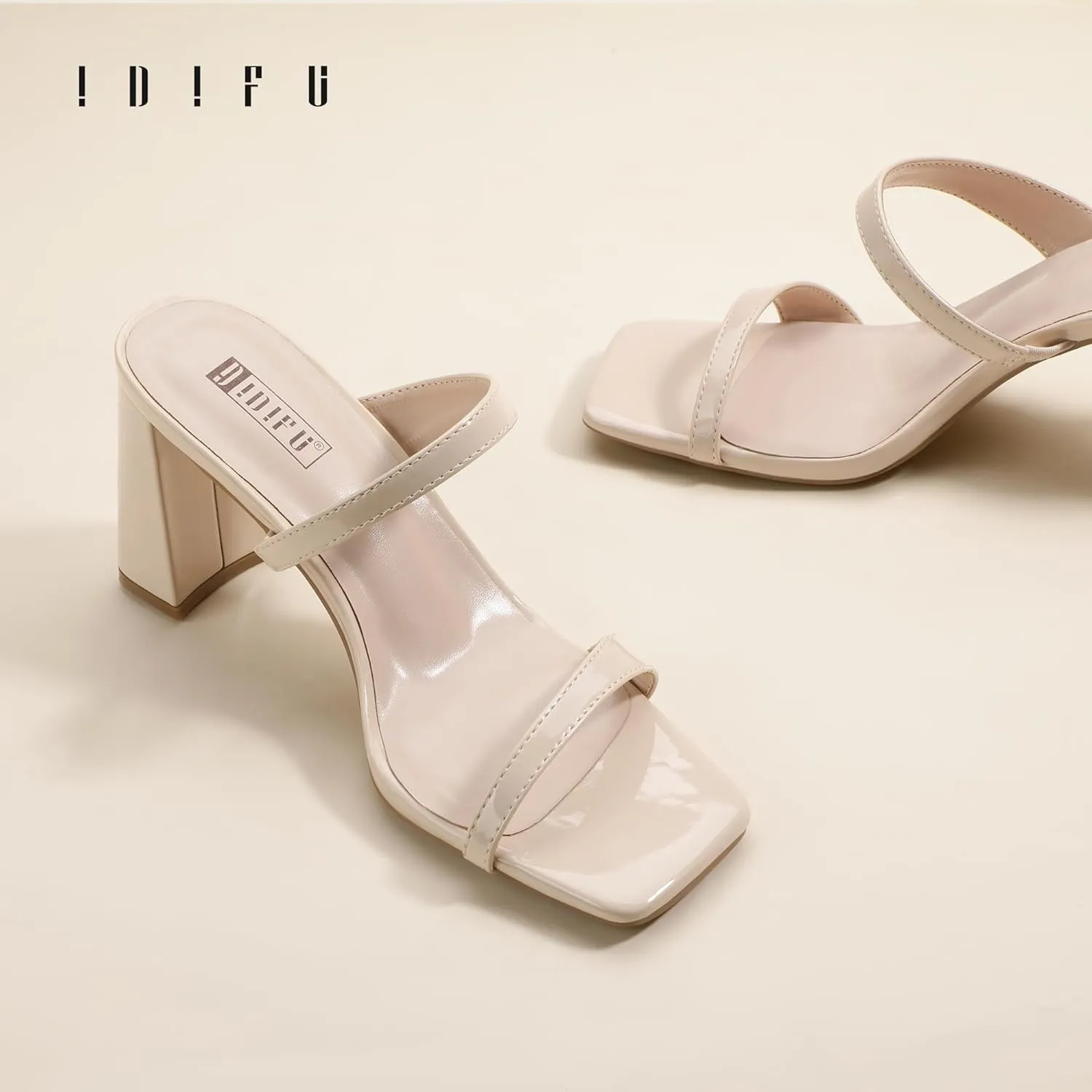 IDIFU IN3 Chunky Block Heels for Women Square Open Toe Heels Comfortable Sexy Summer Cute Trendy Slides Heeled Sandals Prom Wedding Party Dress Shoes for Women Two Strap Slip On Mules Low Short Heels
