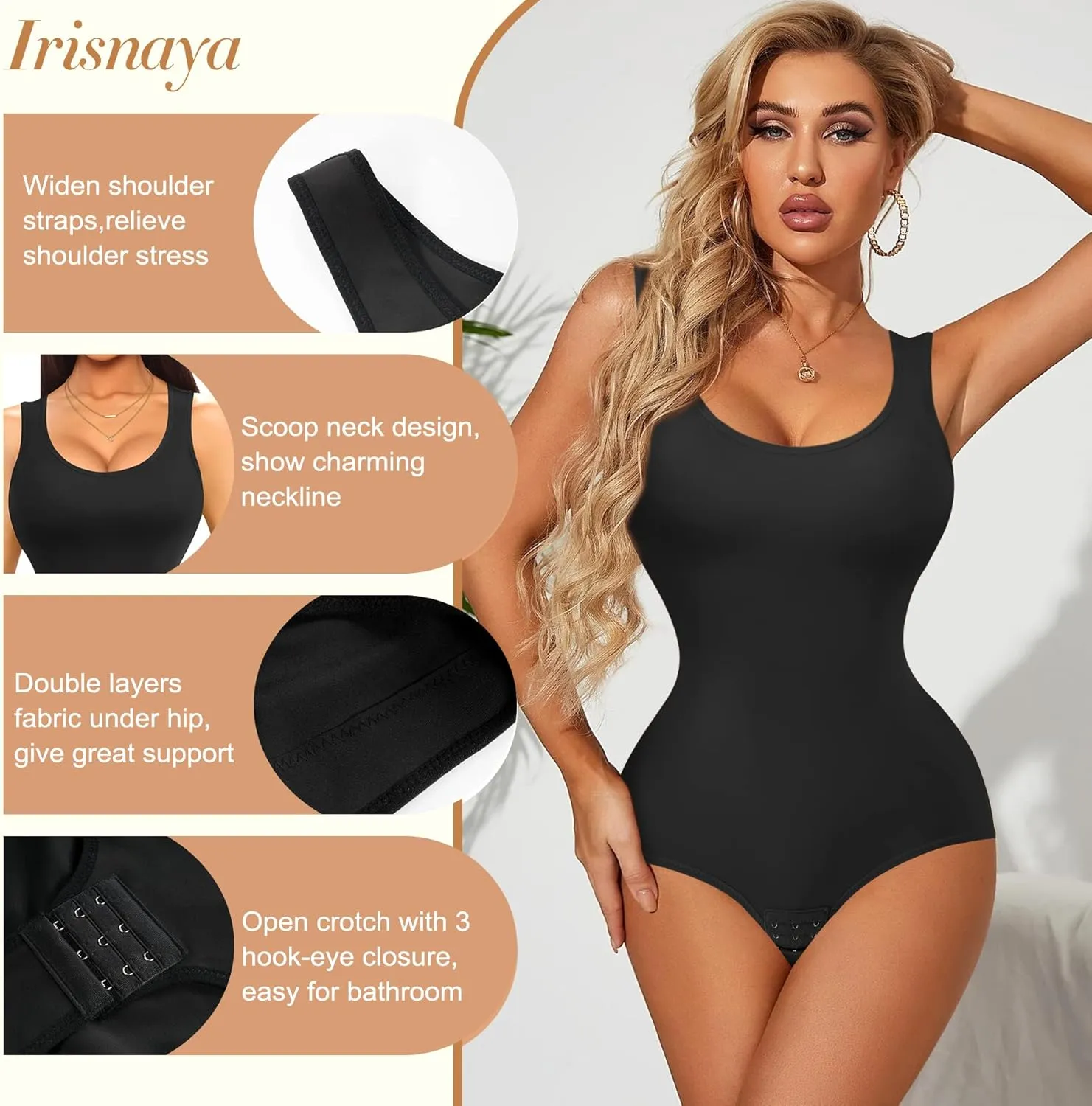 Irisnaya Shapewear Bodysuit Scoop Neck Tank Tops for Women Tummy Control Waist Trainer Vest Full Body Shaper