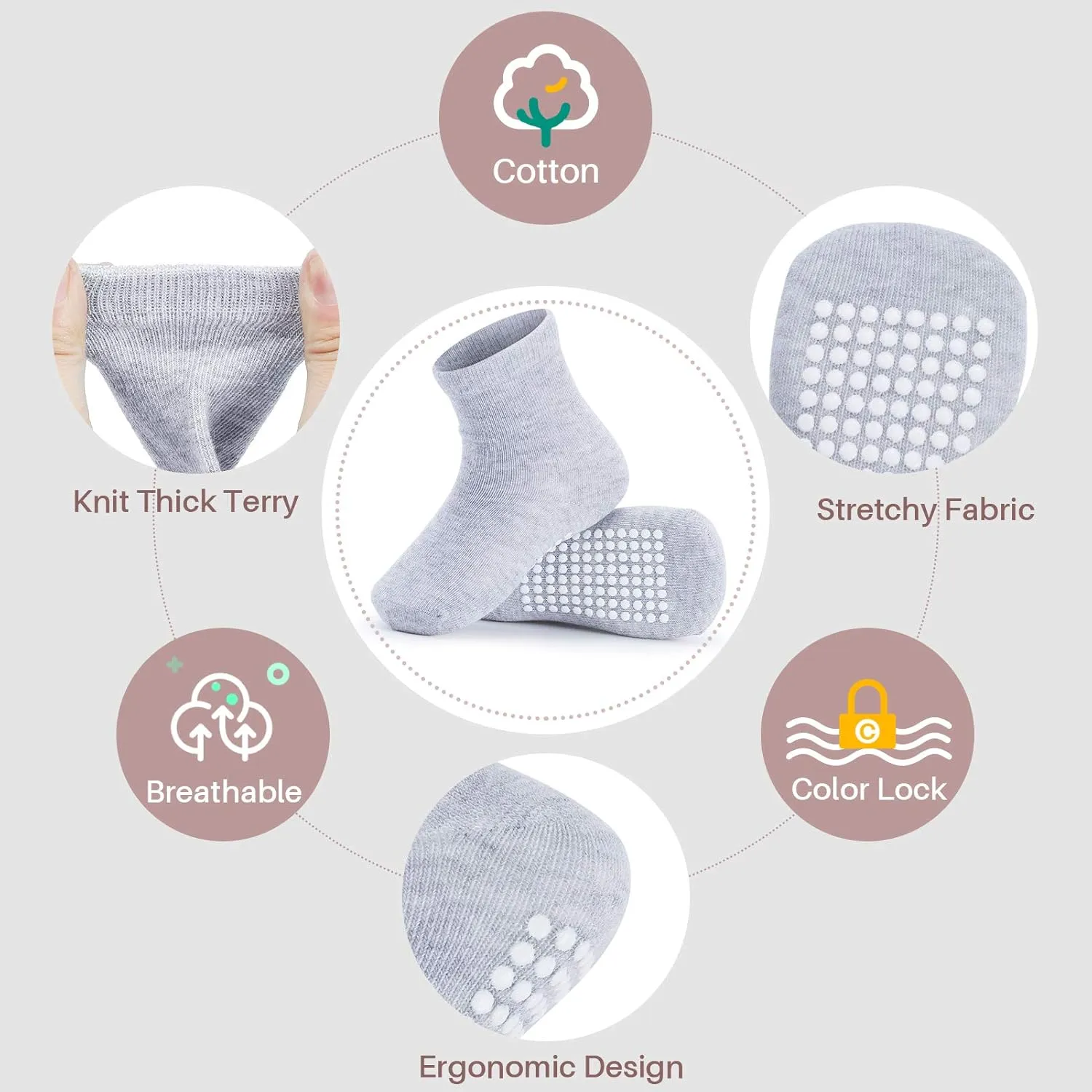JAKIDAR 12 Pack Baby Toddler Socks Non Slip Grip Cotton Crew Socks for Boys Girls Infants Kids