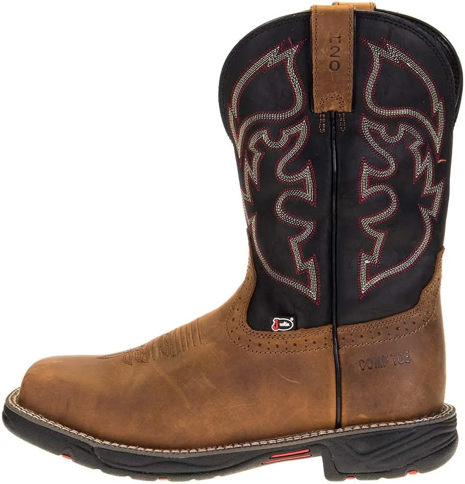 Justin Boot Company Men's Stampede Rush Tan 11" Black Maldova H2O Comp Toe Work Boot Black/Brown 5