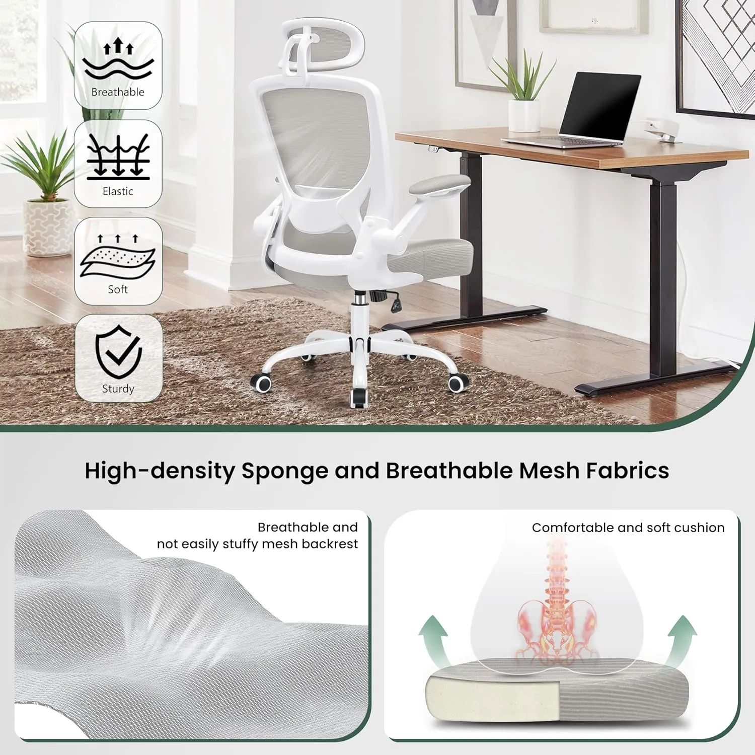 KERDOM Ergonomic Office Chair, Breathable Mesh Desk Chair, Lumbar Support Computer Chair with Headrest and Flip-up Arms, Swivel Task Chair, Adjustable Height Gaming Chair, LightGray