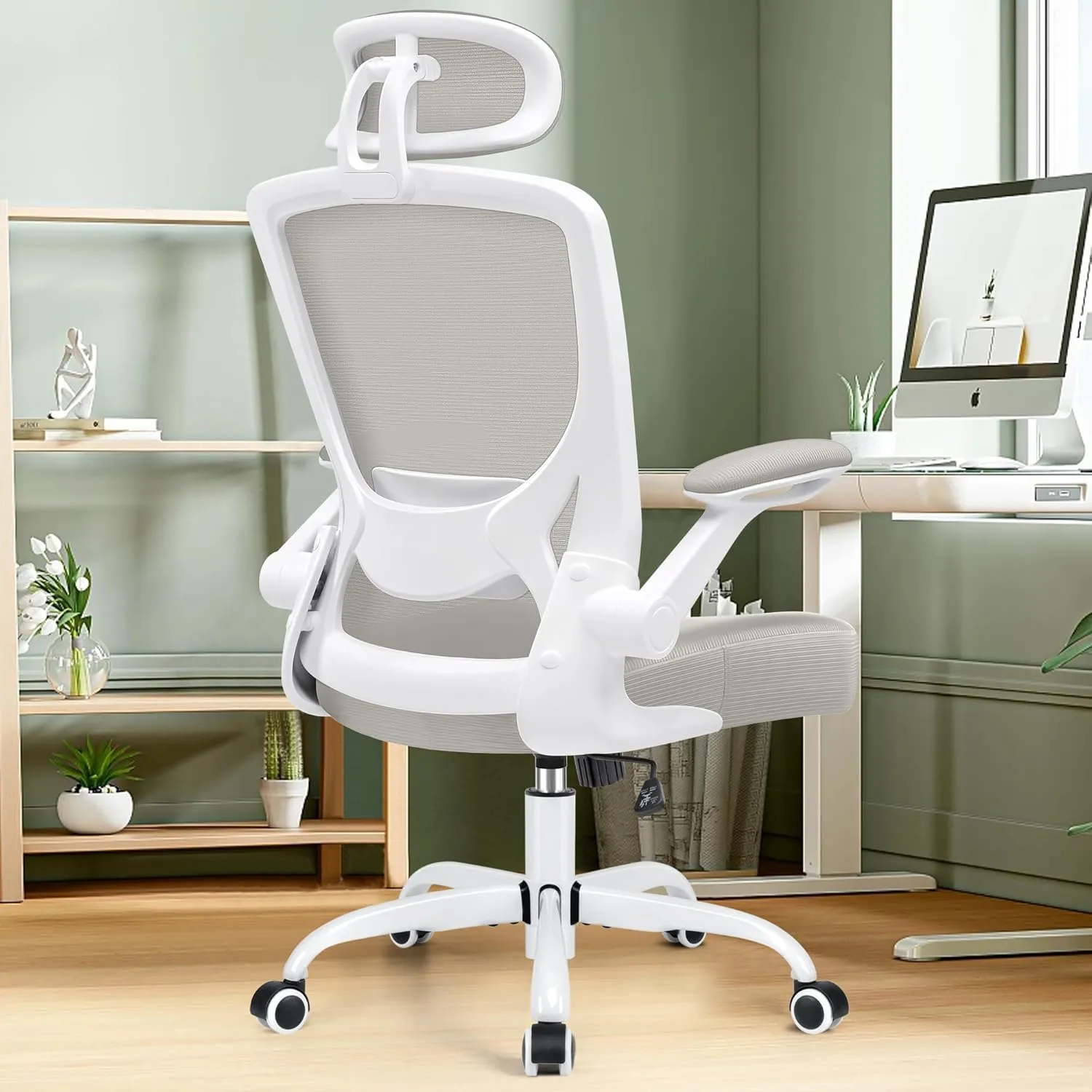 KERDOM Ergonomic Office Chair, Breathable Mesh Desk Chair, Lumbar Support Computer Chair with Headrest and Flip-up Arms, Swivel Task Chair, Adjustable Height Gaming Chair, LightGray