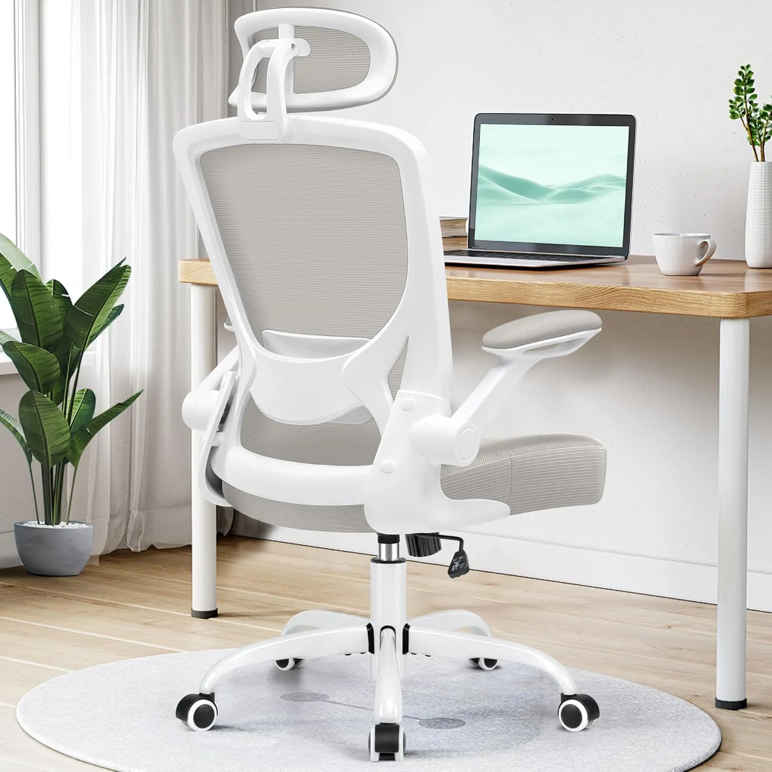 KERDOM Ergonomic Office Chair, Breathable Mesh Desk Chair, Lumbar Support Computer Chair with Headrest and Flip-up Arms, Swivel Task Chair, Adjustable Height Gaming Chair, LightGray