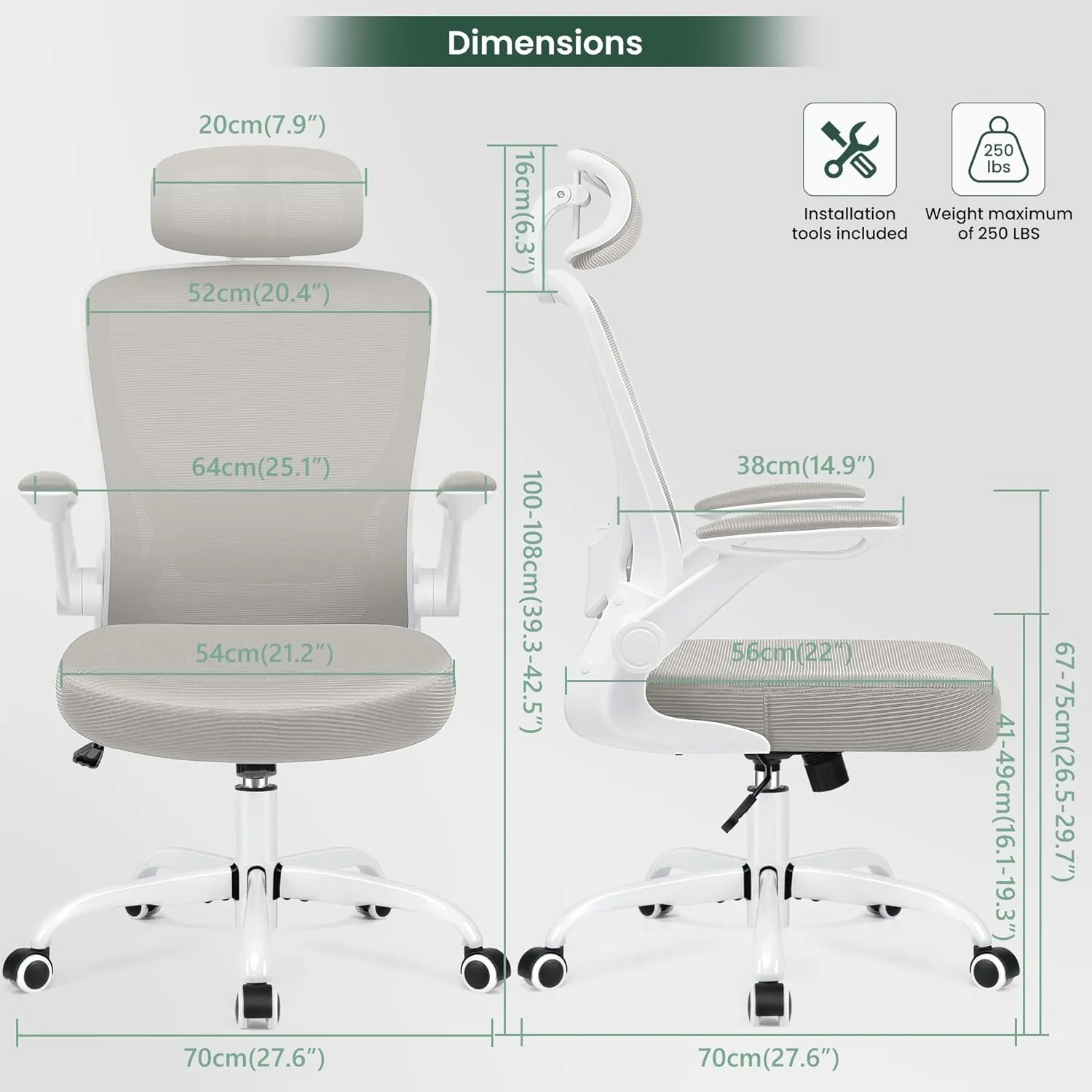 KERDOM Ergonomic Office Chair, Breathable Mesh Desk Chair, Lumbar Support Computer Chair with Headrest and Flip-up Arms, Swivel Task Chair, Adjustable Height Gaming Chair, LightGray