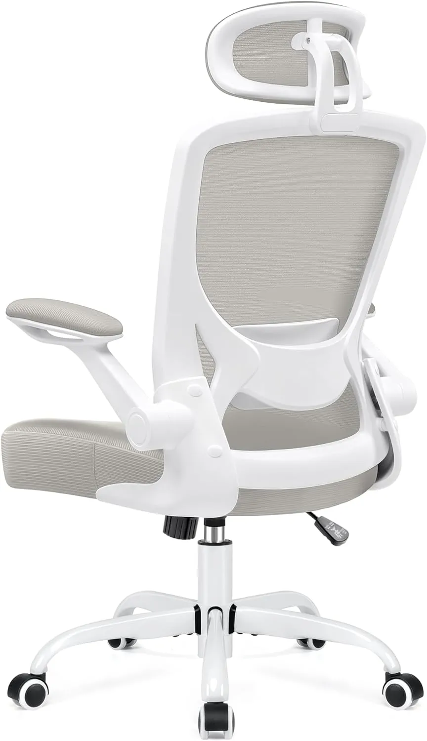 KERDOM Ergonomic Office Chair, Breathable Mesh Desk Chair, Lumbar Support Computer Chair with Headrest and Flip-up Arms, Swivel Task Chair, Adjustable Height Gaming Chair, LightGray