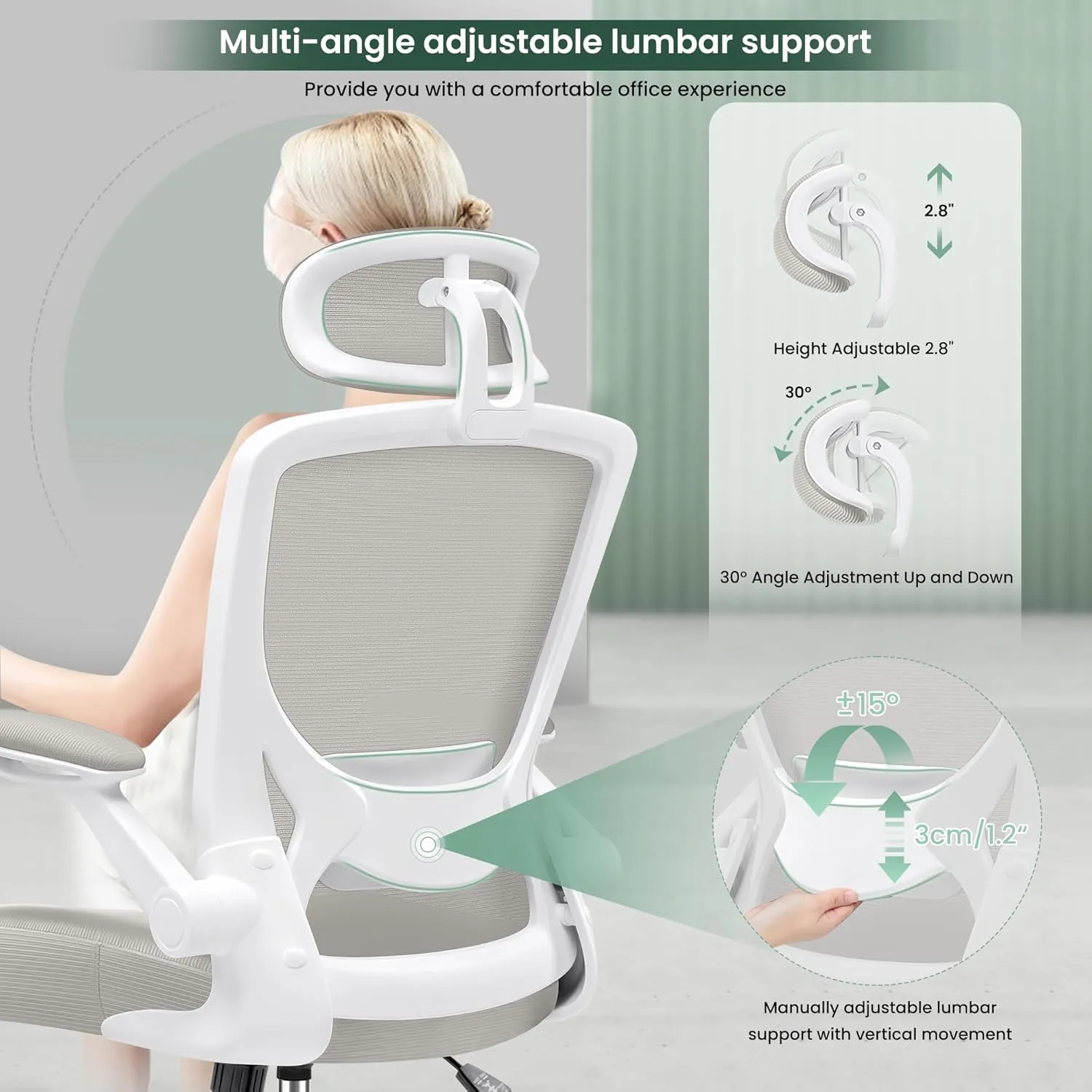 KERDOM Ergonomic Office Chair, Breathable Mesh Desk Chair, Lumbar Support Computer Chair with Headrest and Flip-up Arms, Swivel Task Chair, Adjustable Height Gaming Chair, LightGray
