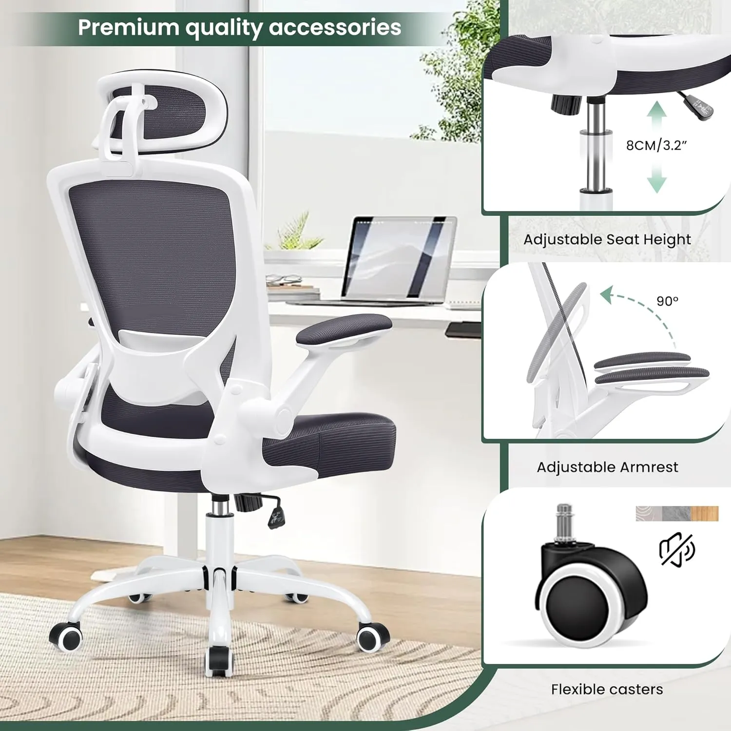 KERDOM Modern Ergonomic Office Chair, Lumbar Support with Headrest, Flip-up Arms, Breathable Mesh, Adjustable Height, Darkgray