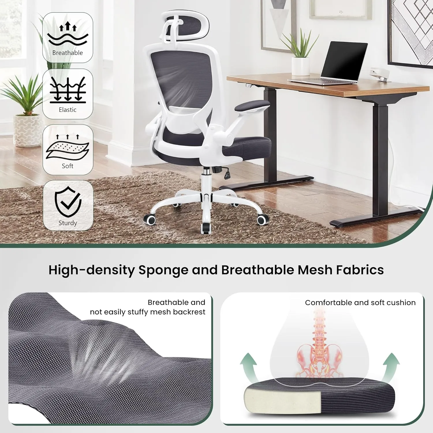 KERDOM Modern Ergonomic Office Chair, Lumbar Support with Headrest, Flip-up Arms, Breathable Mesh, Adjustable Height, Darkgray