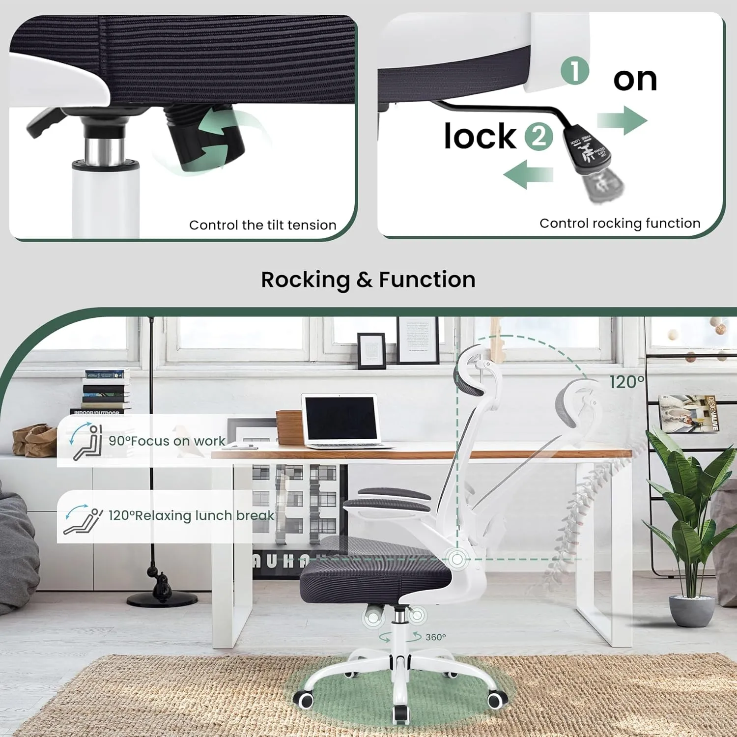 KERDOM Modern Ergonomic Office Chair, Lumbar Support with Headrest, Flip-up Arms, Breathable Mesh, Adjustable Height, Darkgray
