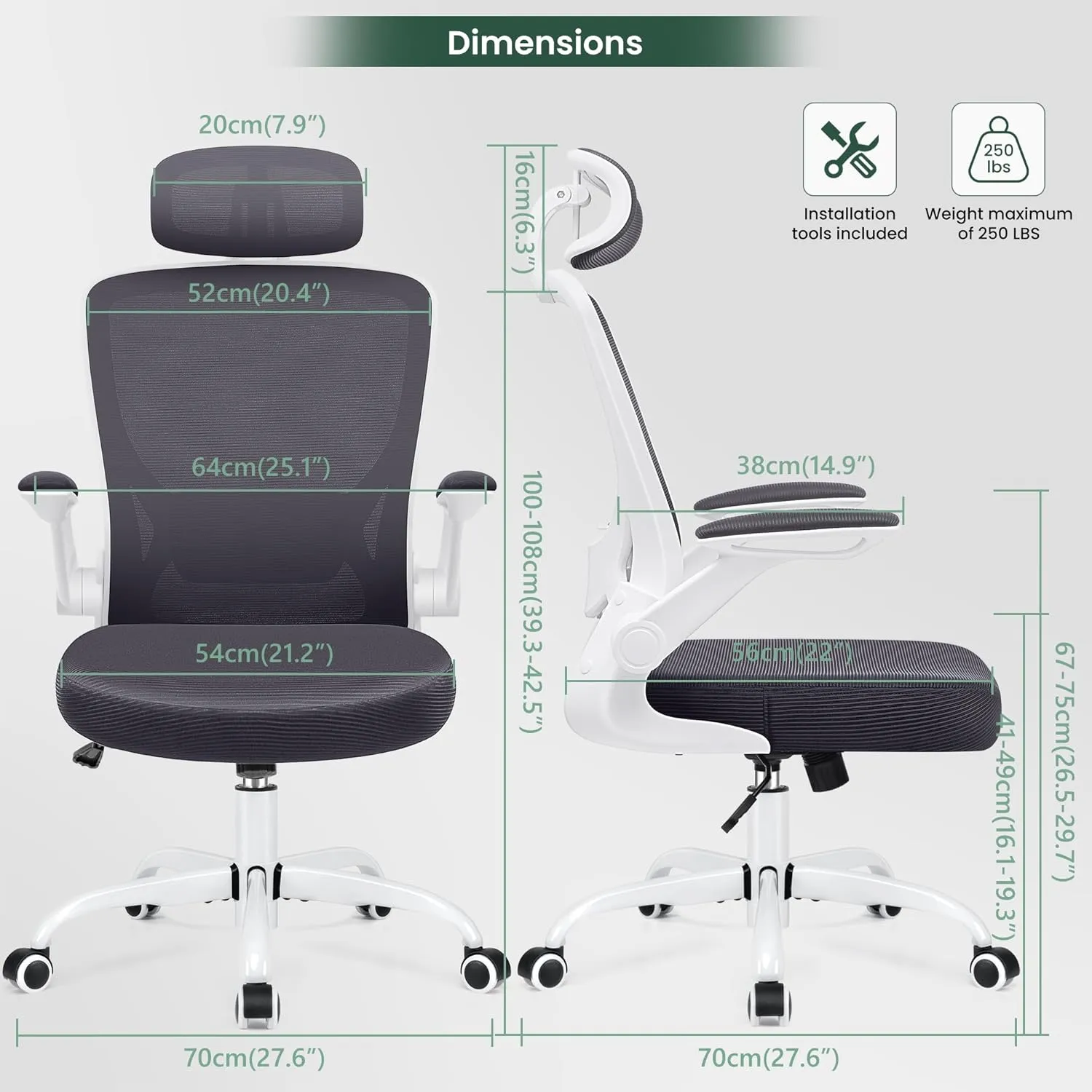 KERDOM Modern Ergonomic Office Chair, Lumbar Support with Headrest, Flip-up Arms, Breathable Mesh, Adjustable Height, Darkgray