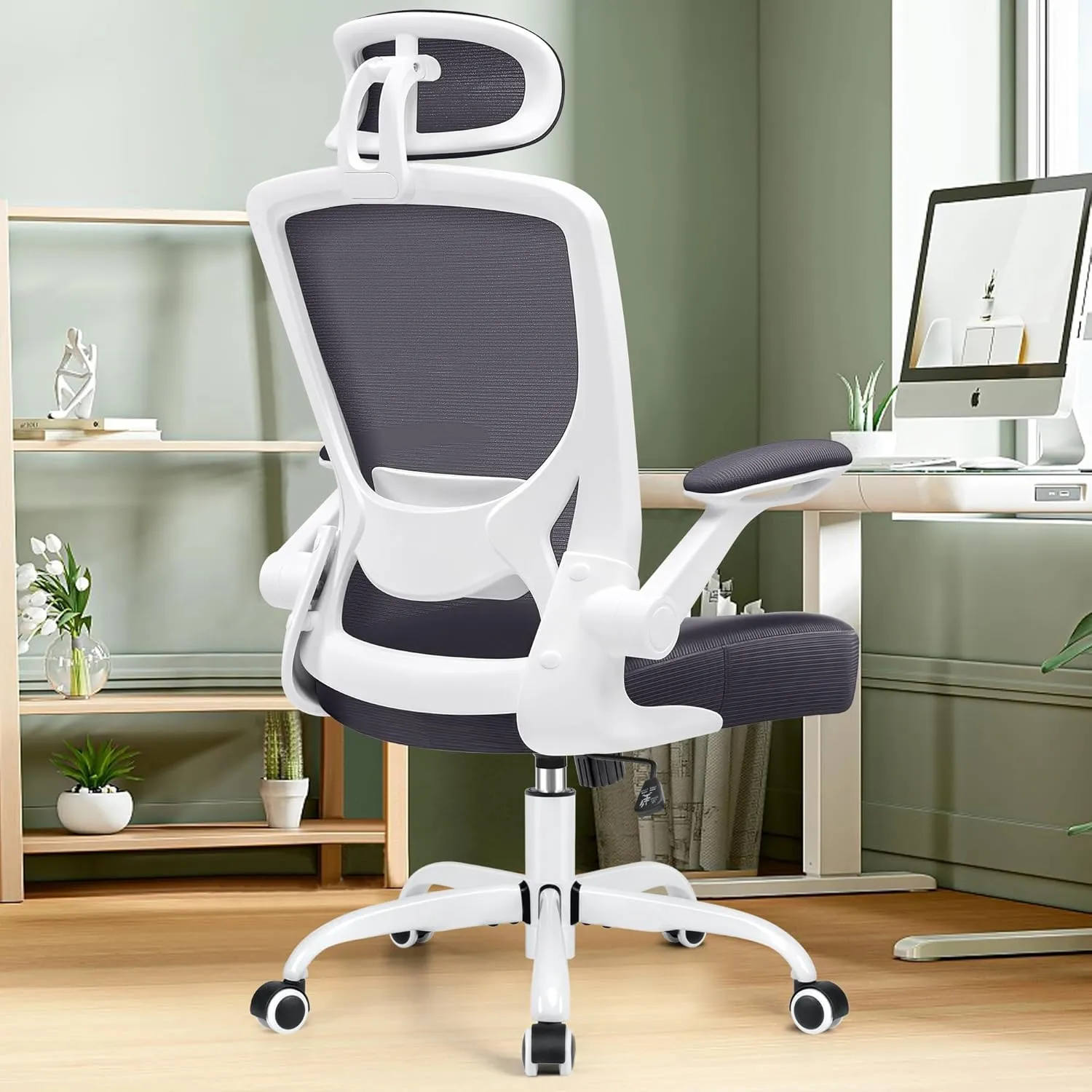 KERDOM Modern Ergonomic Office Chair, Lumbar Support with Headrest, Flip-up Arms, Breathable Mesh, Adjustable Height, Darkgray