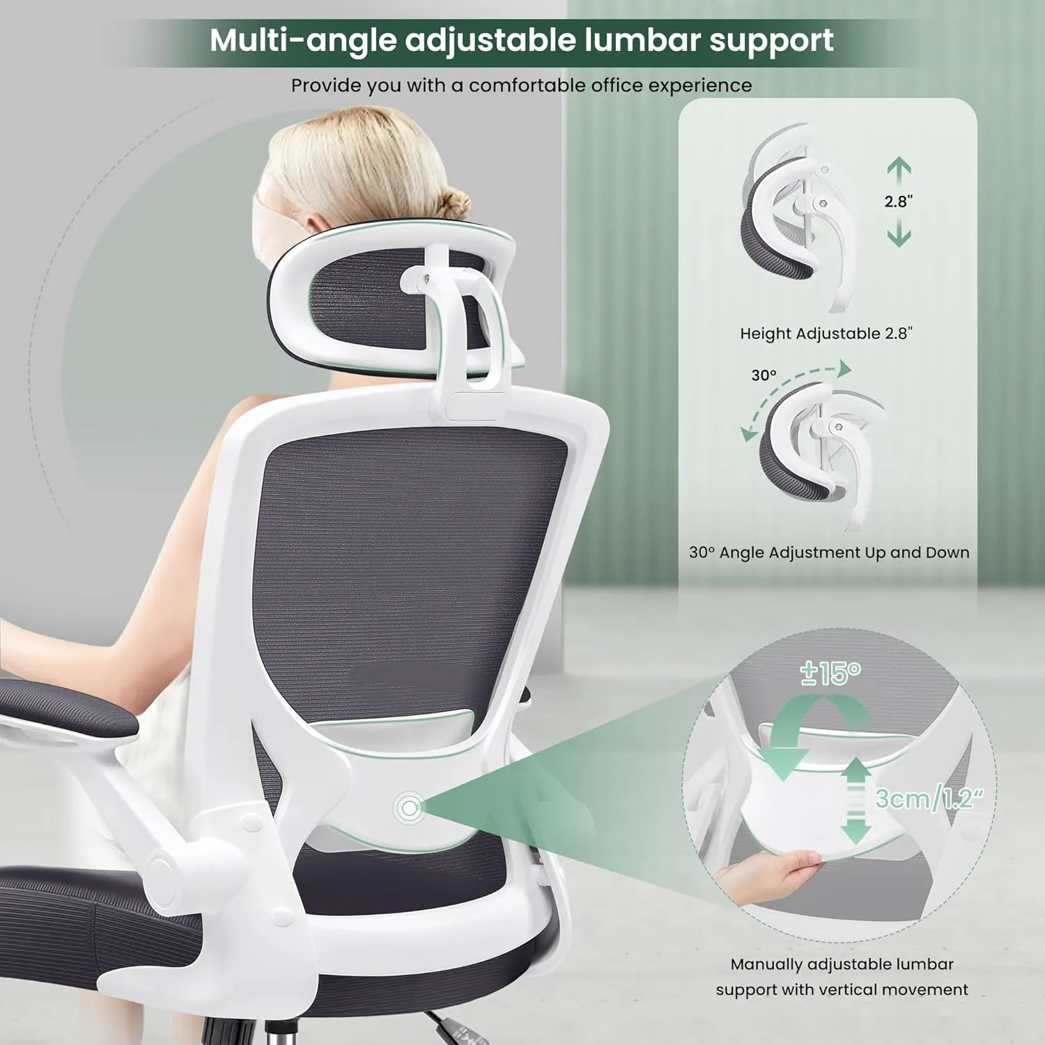 KERDOM Modern Ergonomic Office Chair, Lumbar Support with Headrest, Flip-up Arms, Breathable Mesh, Adjustable Height, Darkgray
