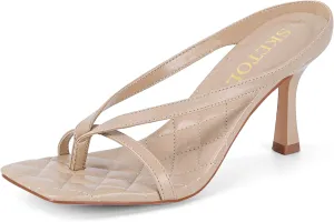 Kitten Heels for Women Square Open Toe Sandals Dressy Wedding Party Shoes Flip Flops T Strap Slip On 3inch High Heels