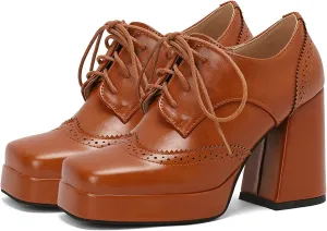KysBloes Women Platform Oxford Shoes Chunky High Heel Pumps Vintage Wingtip Oxford Shoes Square Toe Lace Up Booties