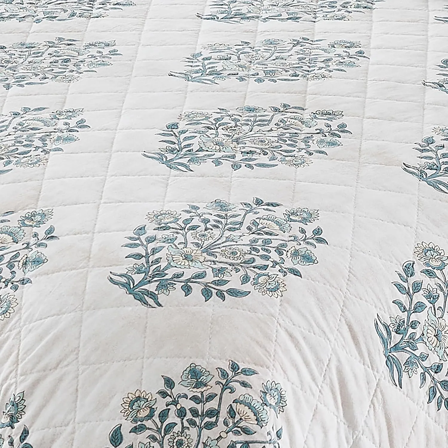 Lush Decor Sofia Flower Block Bouquet Reversible Cotton Quilt 3 Piece Set Full/Queen Teal - Block Print Quilt - Floral Bedding Set - Modern Boho Decor