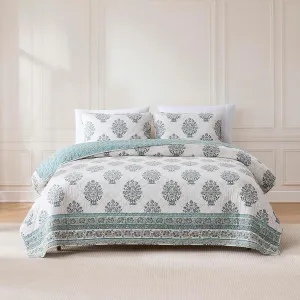 Lush Decor Sofia Flower Block Bouquet Reversible Cotton Quilt 3 Piece Set Full/Queen Teal - Block Print Quilt - Floral Bedding Set - Modern Boho Decor