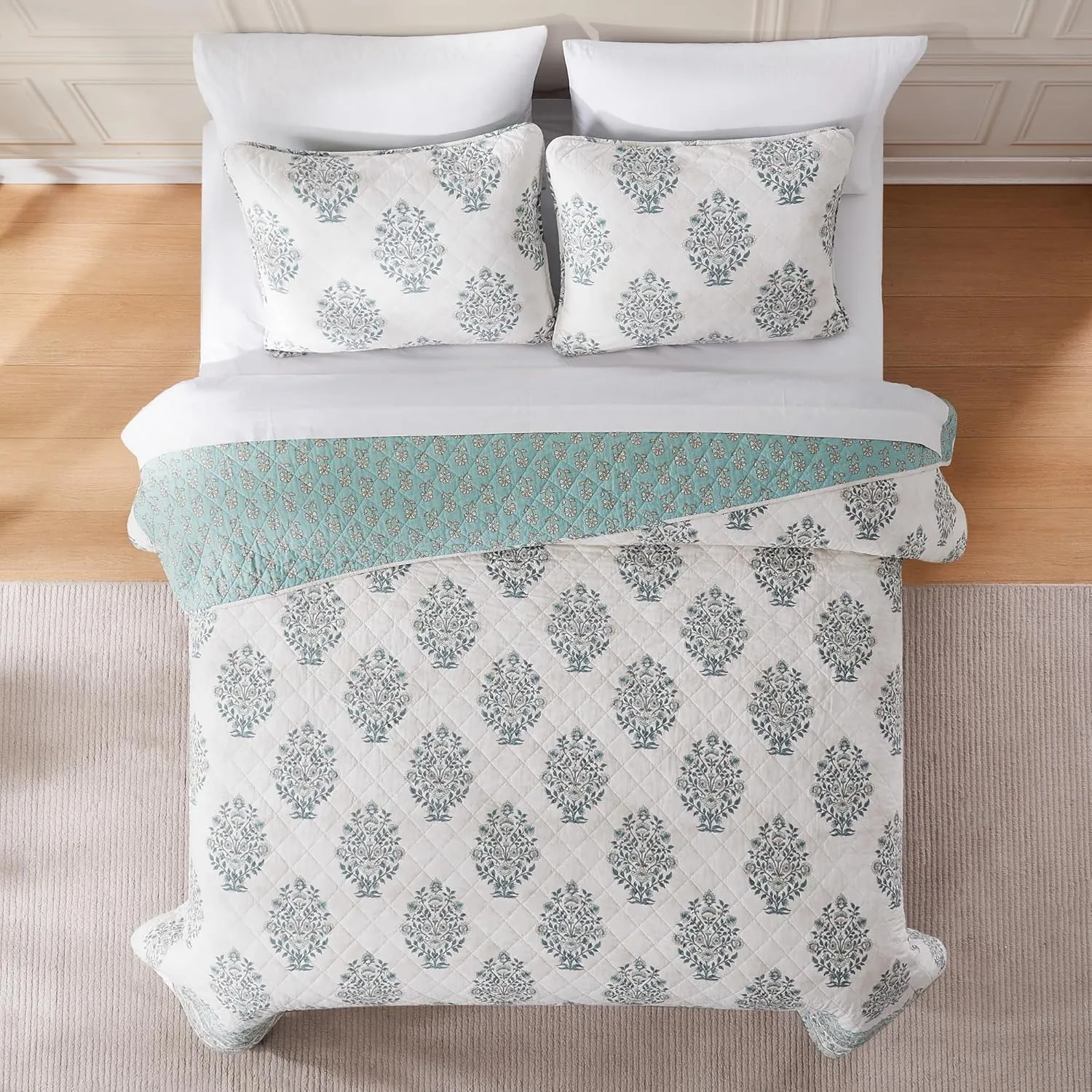 Lush Decor Sofia Flower Block Bouquet Reversible Cotton Quilt 3 Piece Set Full/Queen Teal - Block Print Quilt - Floral Bedding Set - Modern Boho Decor
